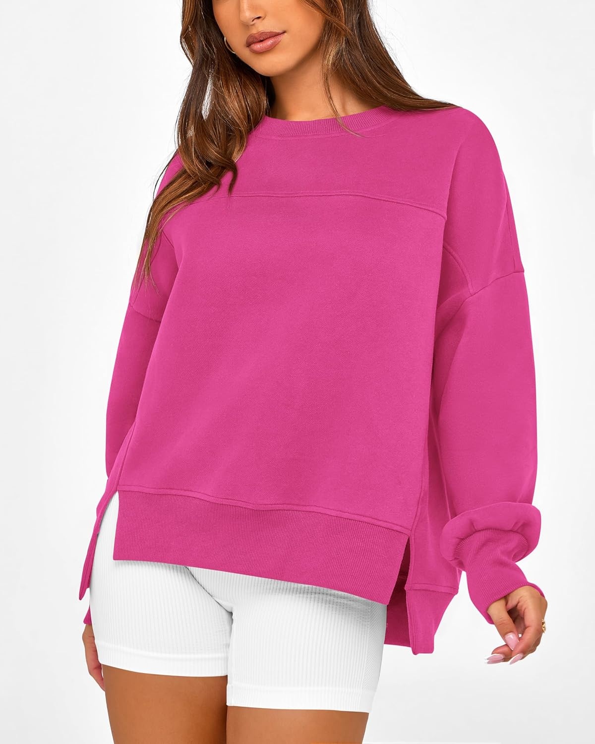 image:imageBTFBM Womens Casual Crewneck Sweatshirts 2026 Spring Long Sleeve Side Slit Workout Fleece Pullover Top Fashion ClothingRose Red