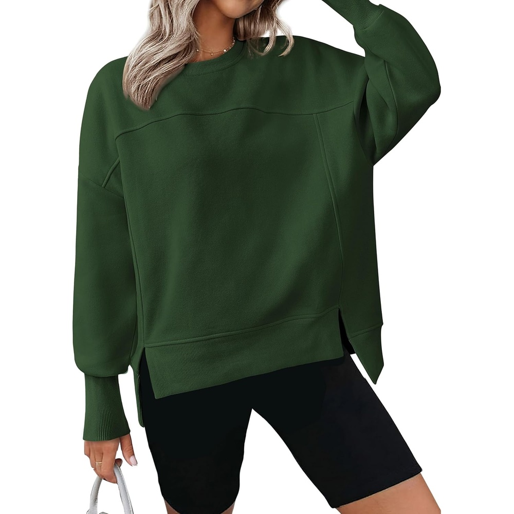 image:imageBTFBM Womens Casual Crewneck Sweatshirts 2026 Spring Long Sleeve Side Slit Workout Fleece Pullover Top Fashion ClothingDark Green