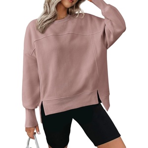 BTFBM Women’s Casual Crewneck Sweatshirts 2026 Spring Long Sleeve Side Slit Workout Fleece Pullover Top Fashion Clothing(Grey Pink)