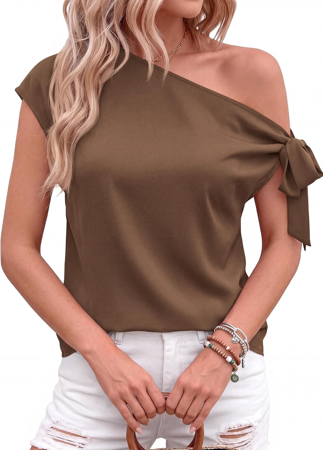 image:imageBTFBM 2026 Off The Shoulder Tops for Women Summer Shirts Short Sleeve Satin Blouses Silk Going Out Top Beach VacationBrown
