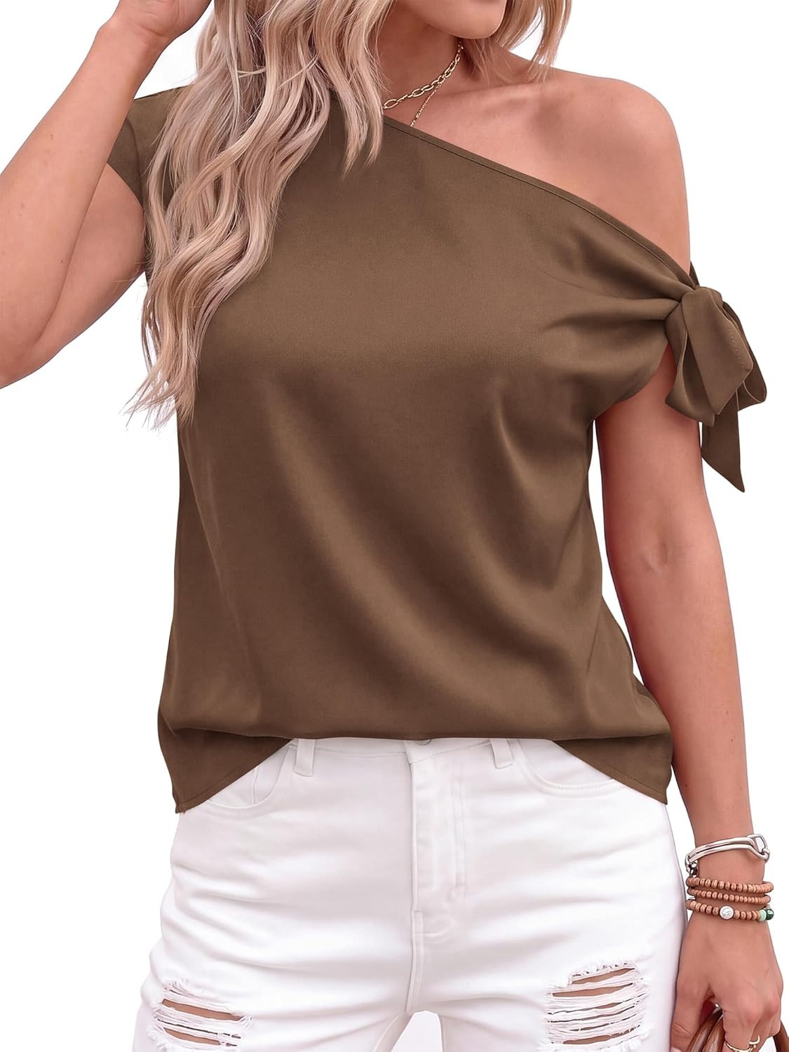 image:imageBTFBM 2026 Off The Shoulder Tops for Women Summer Shirts Short Sleeve Satin Blouses Silk Going Out Top Beach VacationBrown