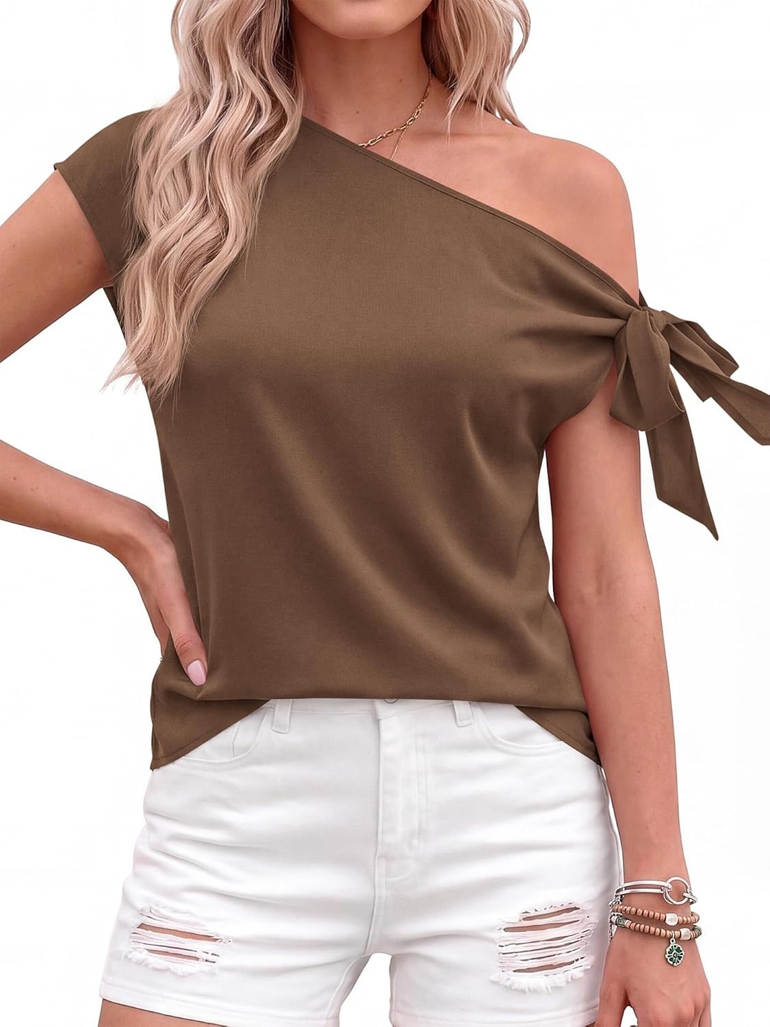 image:imageBTFBM 2026 Off The Shoulder Tops for Women Summer Shirts Short Sleeve Satin Blouses Silk Going Out Top Beach VacationBrown