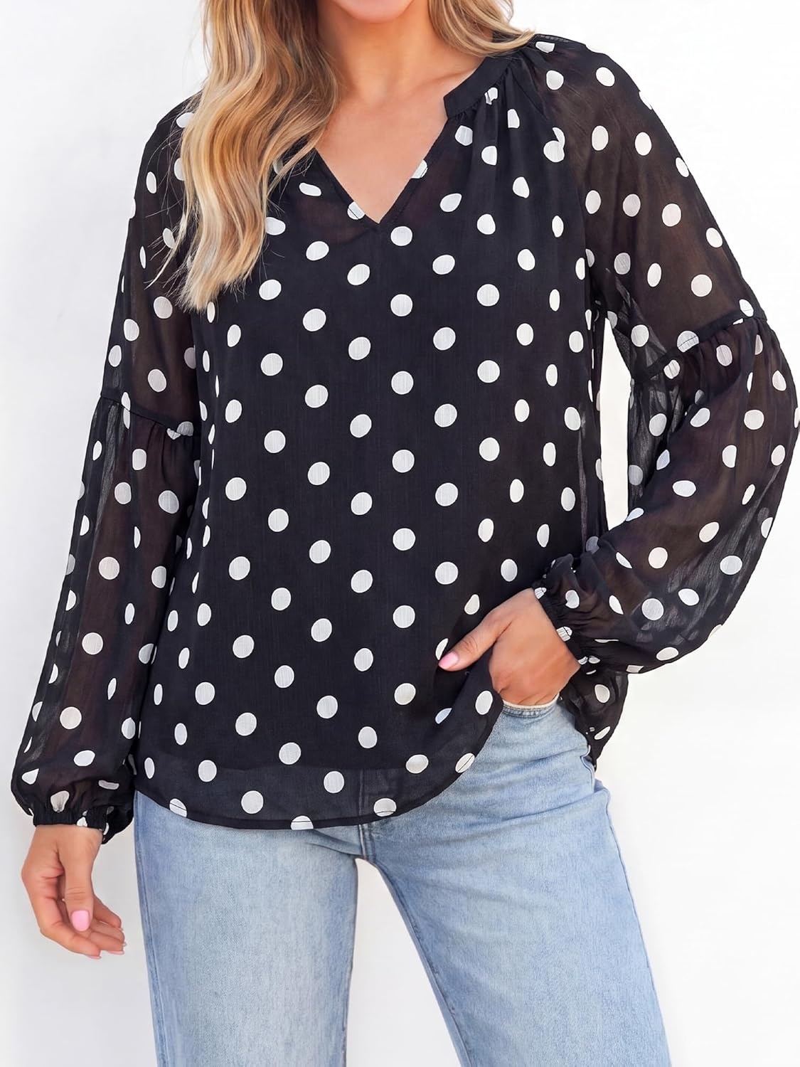 image:imageBTFBM Blouses for Women Dressy Casual Floral Summer Boho Tops V Neck Lightweight Long Sleeve Shirts Spring Clothes 2026Polka Dot Black White