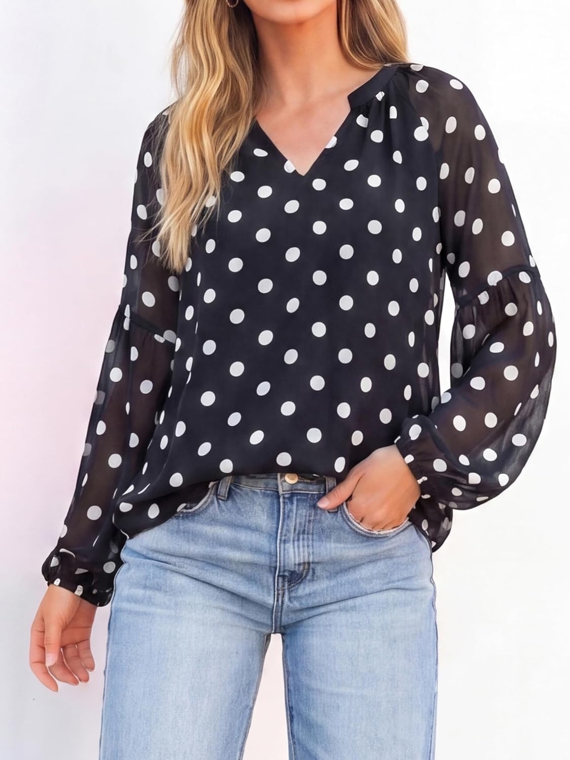 image:imageBTFBM Blouses for Women Dressy Casual Floral Summer Boho Tops V Neck Lightweight Long Sleeve Shirts Spring Clothes 2026Polka Dot Black White