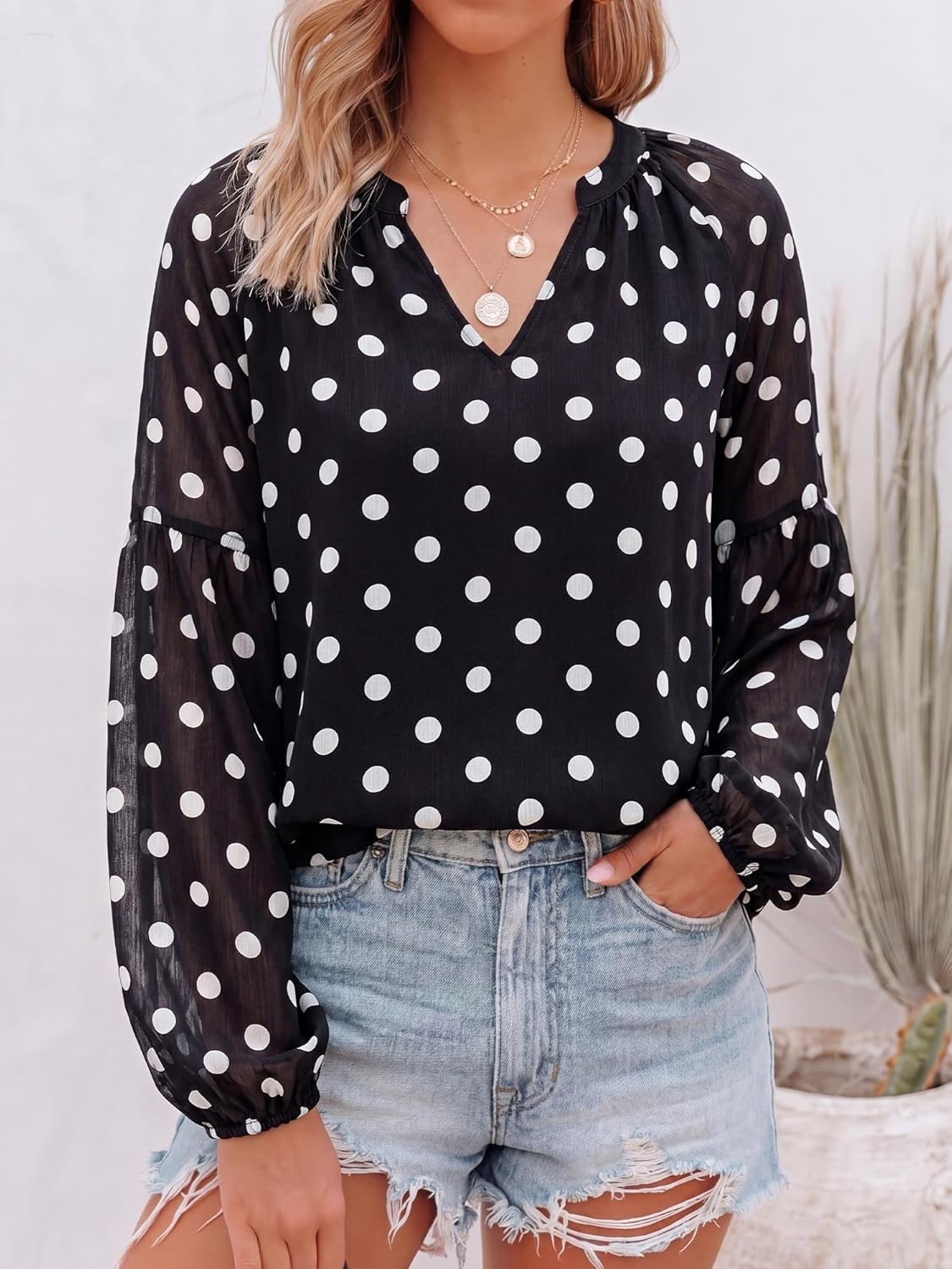 image:imageBTFBM Blouses for Women Dressy Casual Floral Summer Boho Tops V Neck Lightweight Long Sleeve Shirts Spring Clothes 2026Polka Dot Black White
