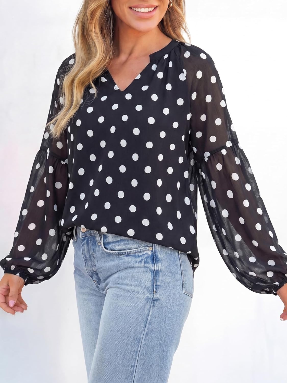 image:imageBTFBM Blouses for Women Dressy Casual Floral Summer Boho Tops V Neck Lightweight Long Sleeve Shirts Spring Clothes 2026Polka Dot Black White