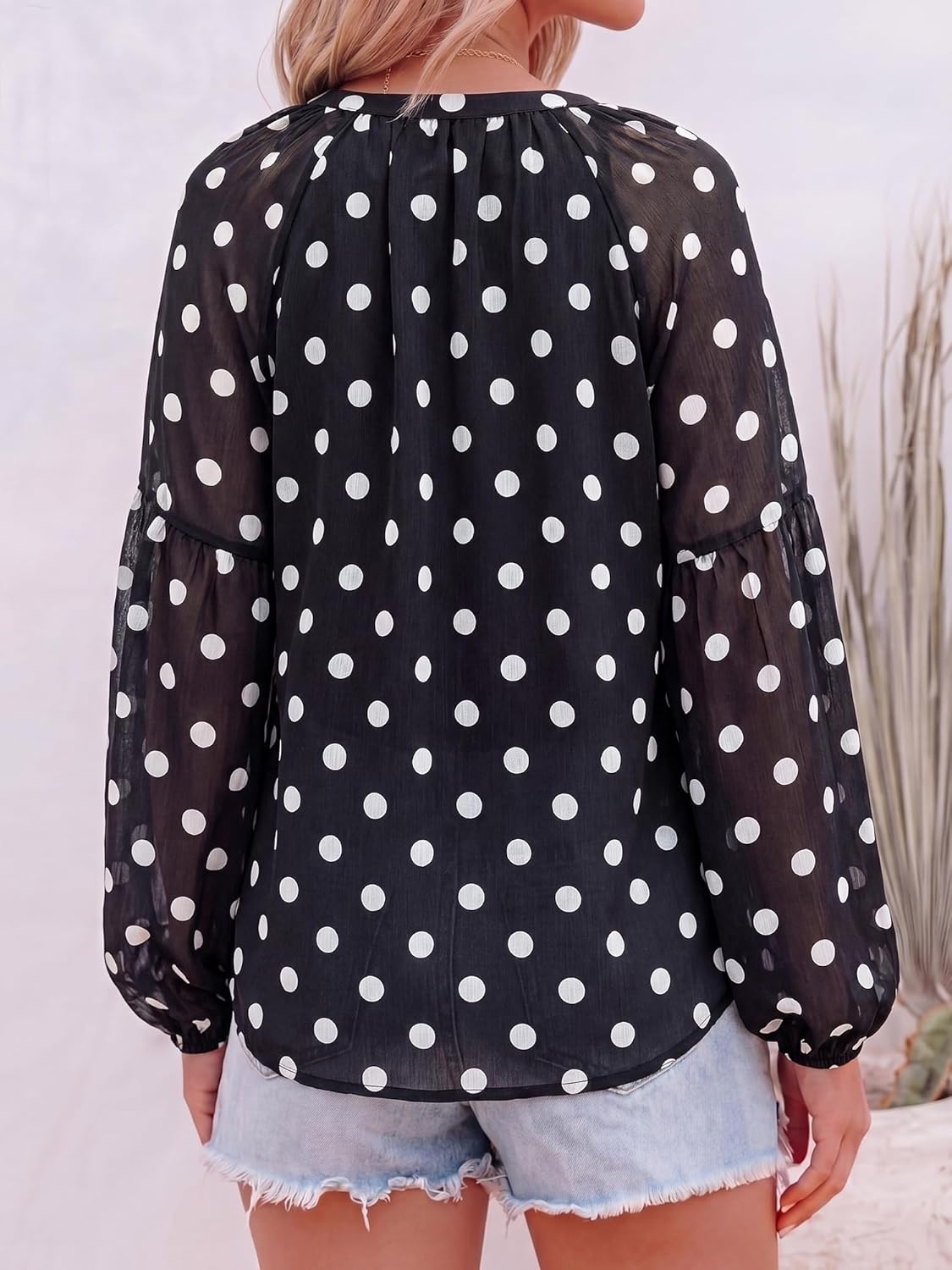 image:imageBTFBM Blouses for Women Dressy Casual Floral Summer Boho Tops V Neck Lightweight Long Sleeve Shirts Spring Clothes 2026Polka Dot Black White