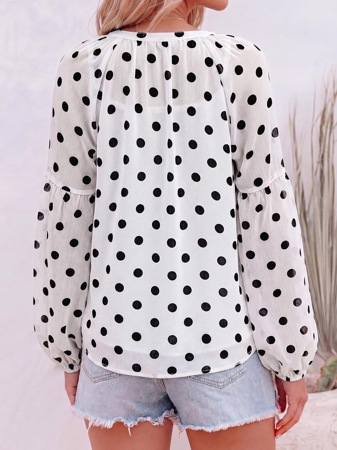 image:imageBTFBM Blouses for Women Dressy Casual Floral Summer Boho Tops V Neck Lightweight Long Sleeve Shirts Spring Clothes 2026Polka Dot White Black