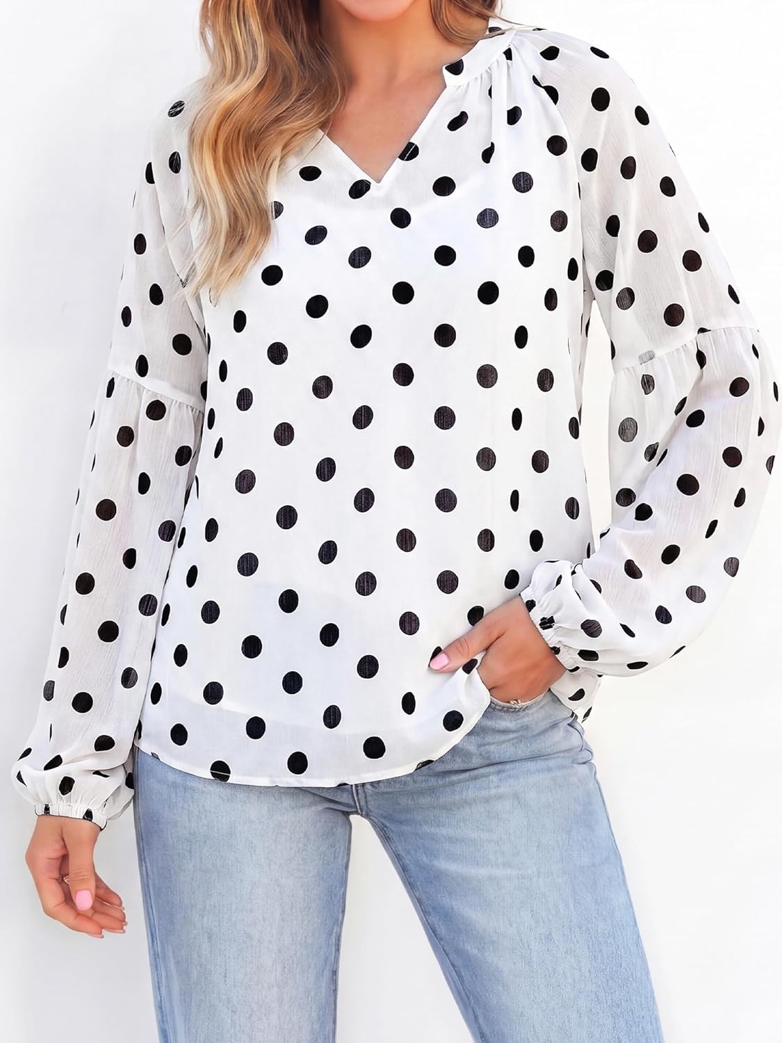 image:imageBTFBM Blouses for Women Dressy Casual Floral Summer Boho Tops V Neck Lightweight Long Sleeve Shirts Spring Clothes 2026Polka Dot White Black
