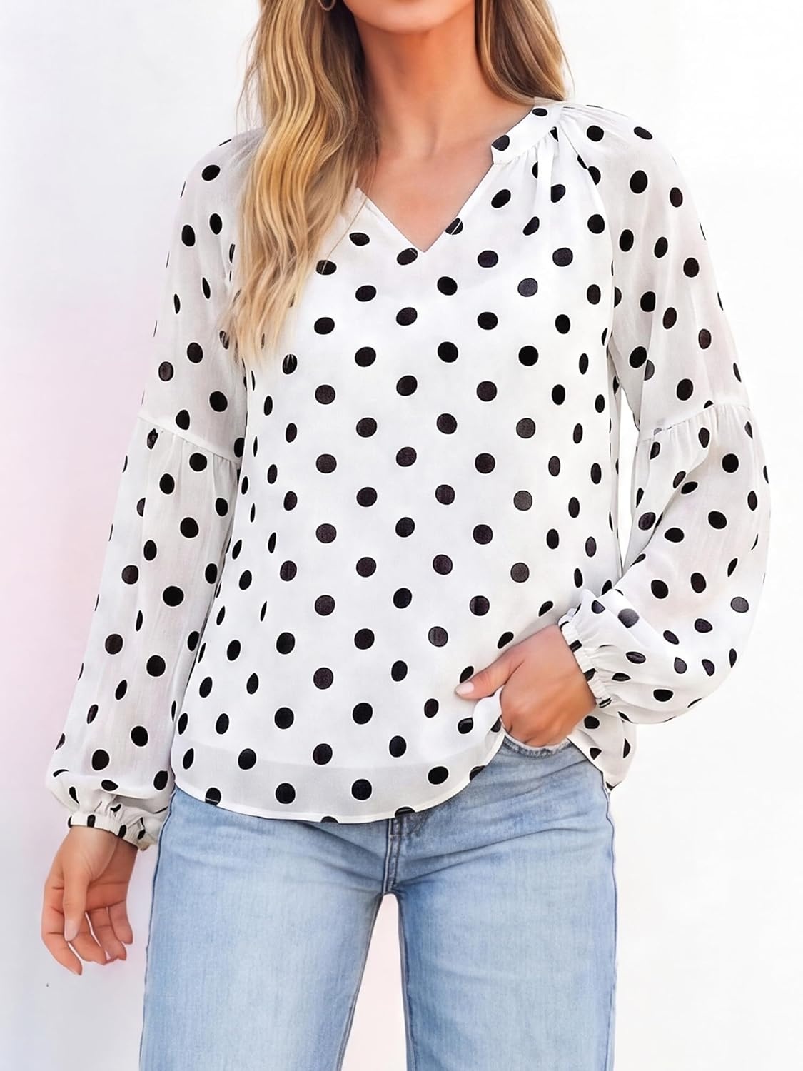 image:imageBTFBM Blouses for Women Dressy Casual Floral Summer Boho Tops V Neck Lightweight Long Sleeve Shirts Spring Clothes 2026Polka Dot White Black
