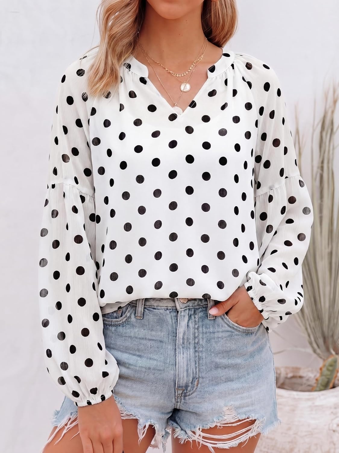 image:imageBTFBM Blouses for Women Dressy Casual Floral Summer Boho Tops V Neck Lightweight Long Sleeve Shirts Spring Clothes 2026Polka Dot White Black
