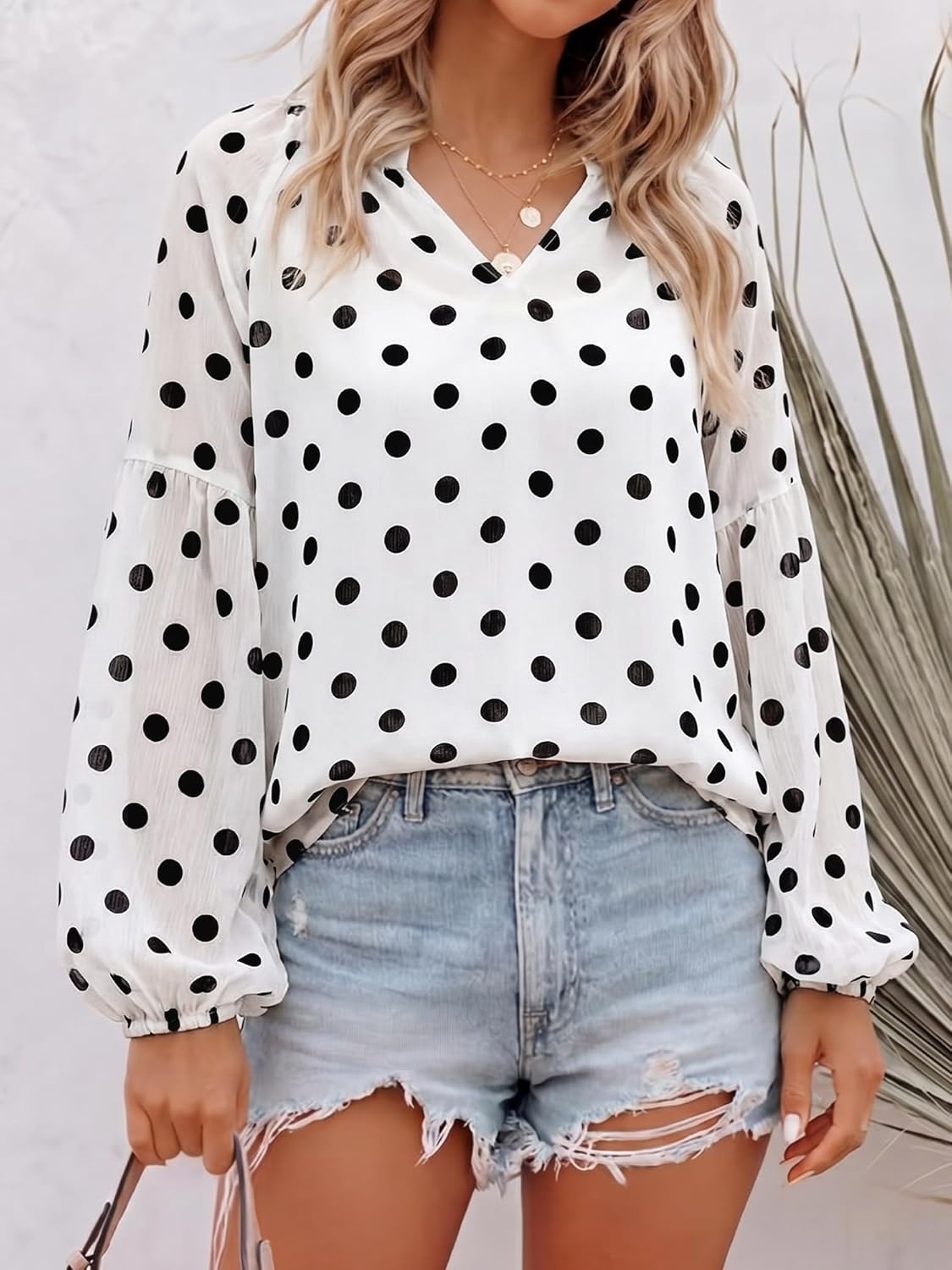 image:imageBTFBM Blouses for Women Dressy Casual Floral Summer Boho Tops V Neck Lightweight Long Sleeve Shirts Spring Clothes 2026Polka Dot White Black