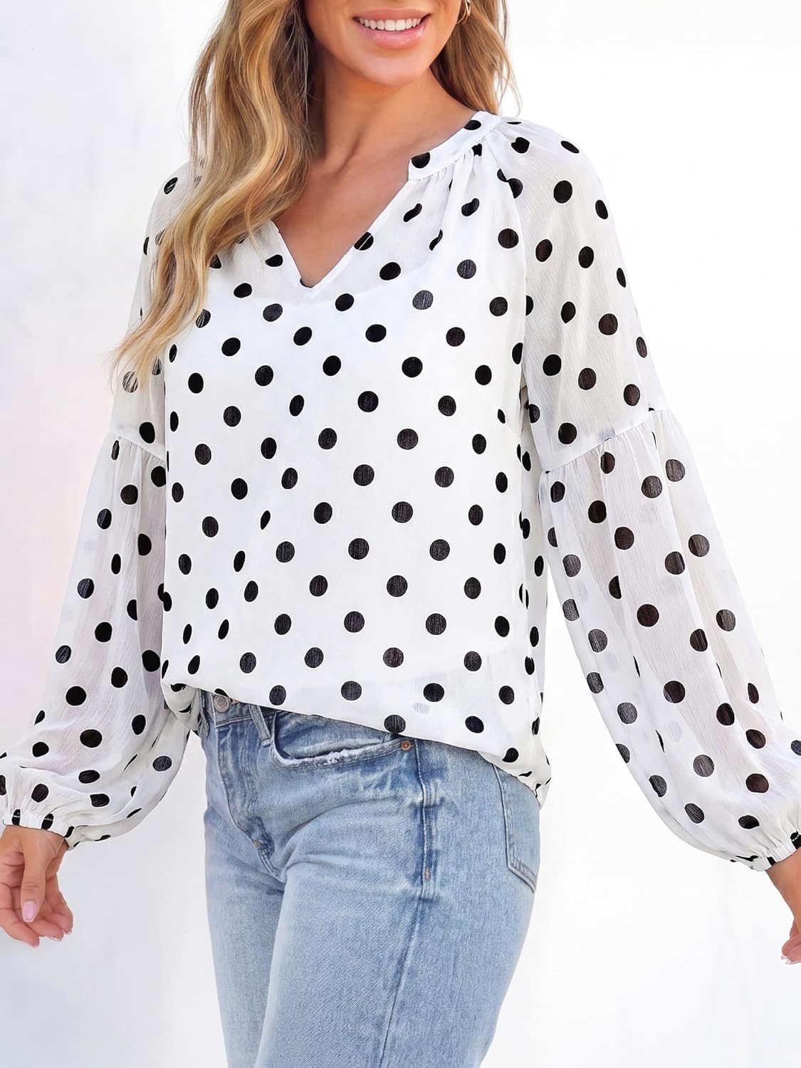 image:imageBTFBM Blouses for Women Dressy Casual Floral Summer Boho Tops V Neck Lightweight Long Sleeve Shirts Spring Clothes 2026Polka Dot White Black