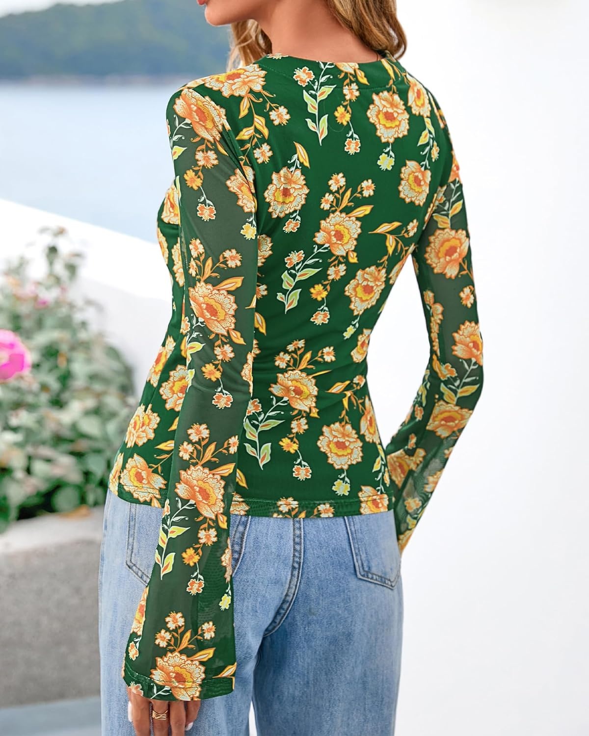 image:imageBTFBM Button Down Shirts for Women 2026 Spring Boho Tops V Neck Long Sleeve Blouses Ruched Mesh Fitted Fashion ClothingArmy Green