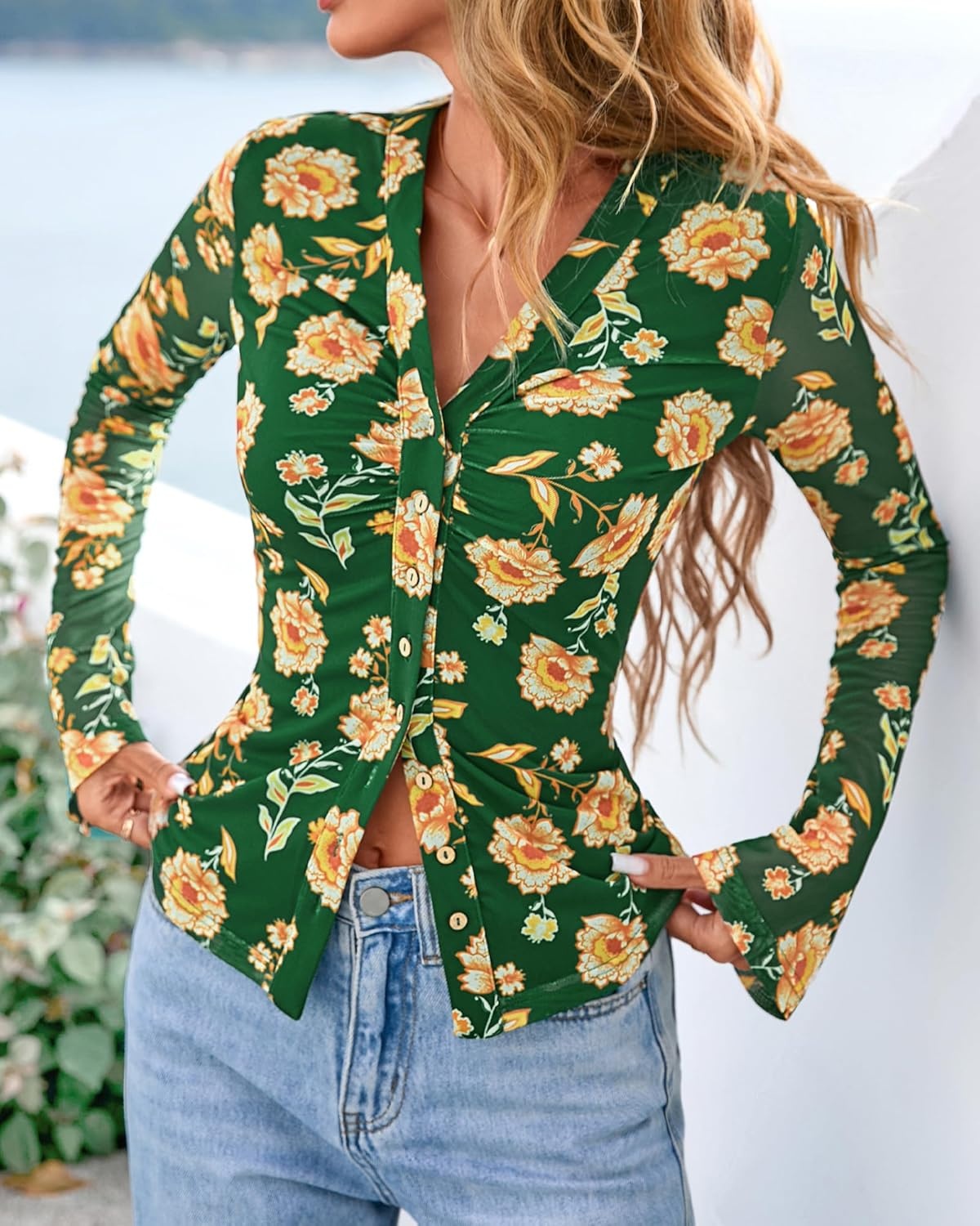 image:imageBTFBM Button Down Shirts for Women 2026 Spring Boho Tops V Neck Long Sleeve Blouses Ruched Mesh Fitted Fashion ClothingArmy Green
