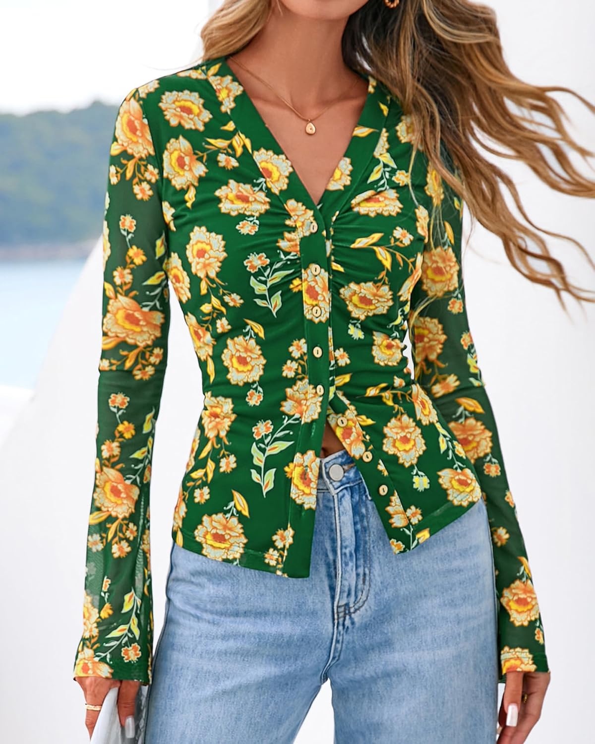 image:imageBTFBM Button Down Shirts for Women 2026 Spring Boho Tops V Neck Long Sleeve Blouses Ruched Mesh Fitted Fashion ClothingArmy Green