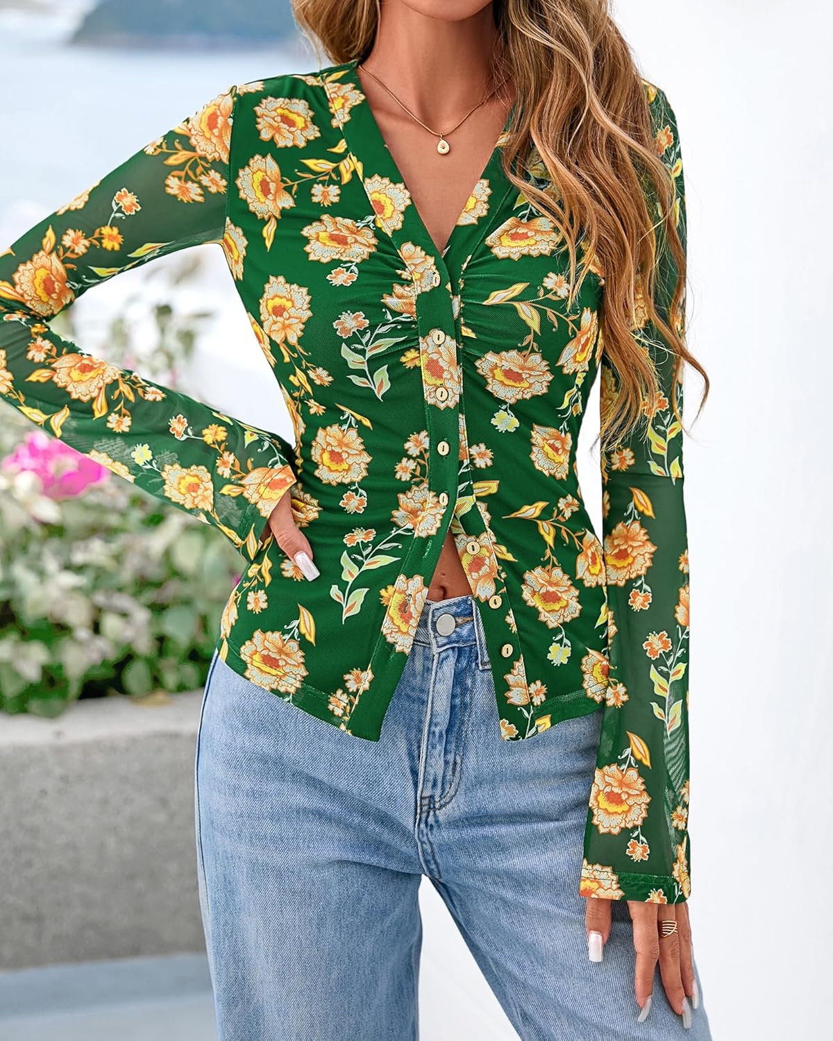 image:imageBTFBM Button Down Shirts for Women 2026 Spring Boho Tops V Neck Long Sleeve Blouses Ruched Mesh Fitted Fashion ClothingArmy Green