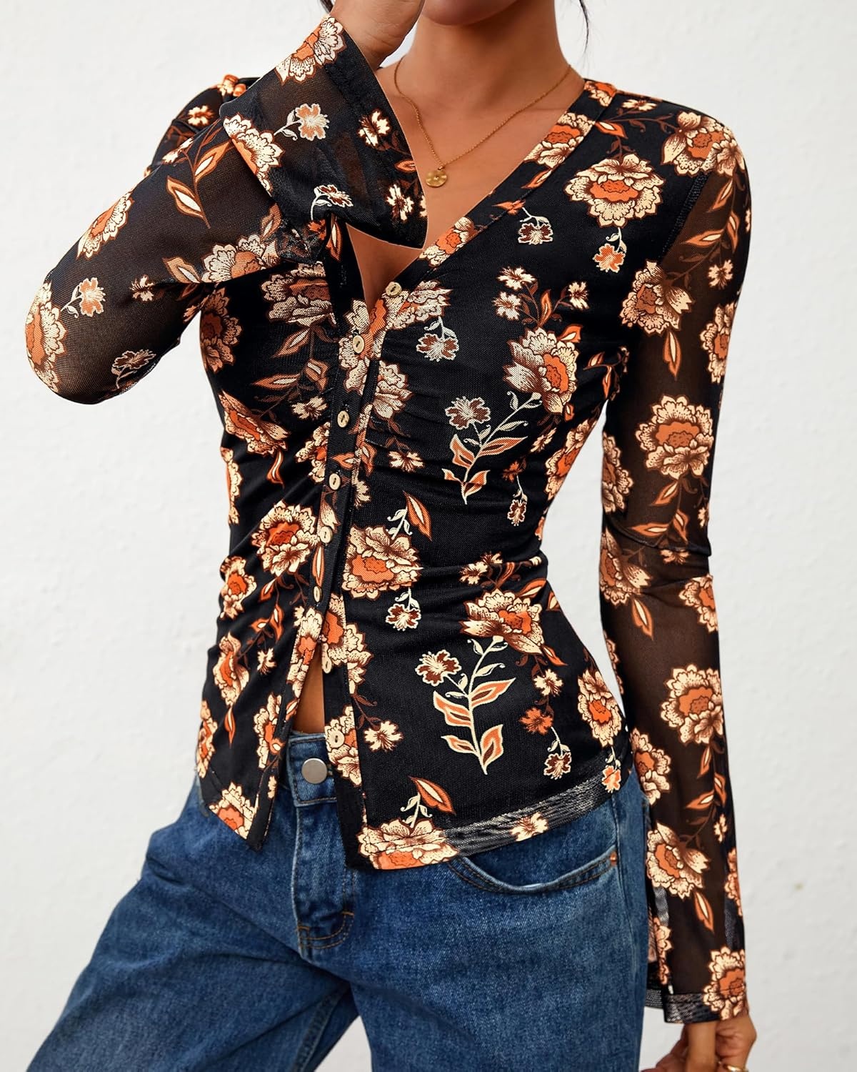 image:imageBTFBM Button Down Shirts for Women 2026 Spring Boho Tops V Neck Long Sleeve Blouses Ruched Mesh Fitted Fashion ClothingBlack