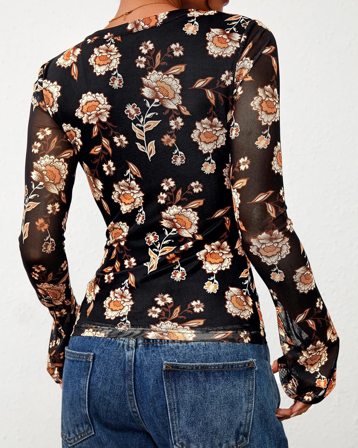 image:imageBTFBM Button Down Shirts for Women 2026 Spring Boho Tops V Neck Long Sleeve Blouses Ruched Mesh Fitted Fashion ClothingBlack