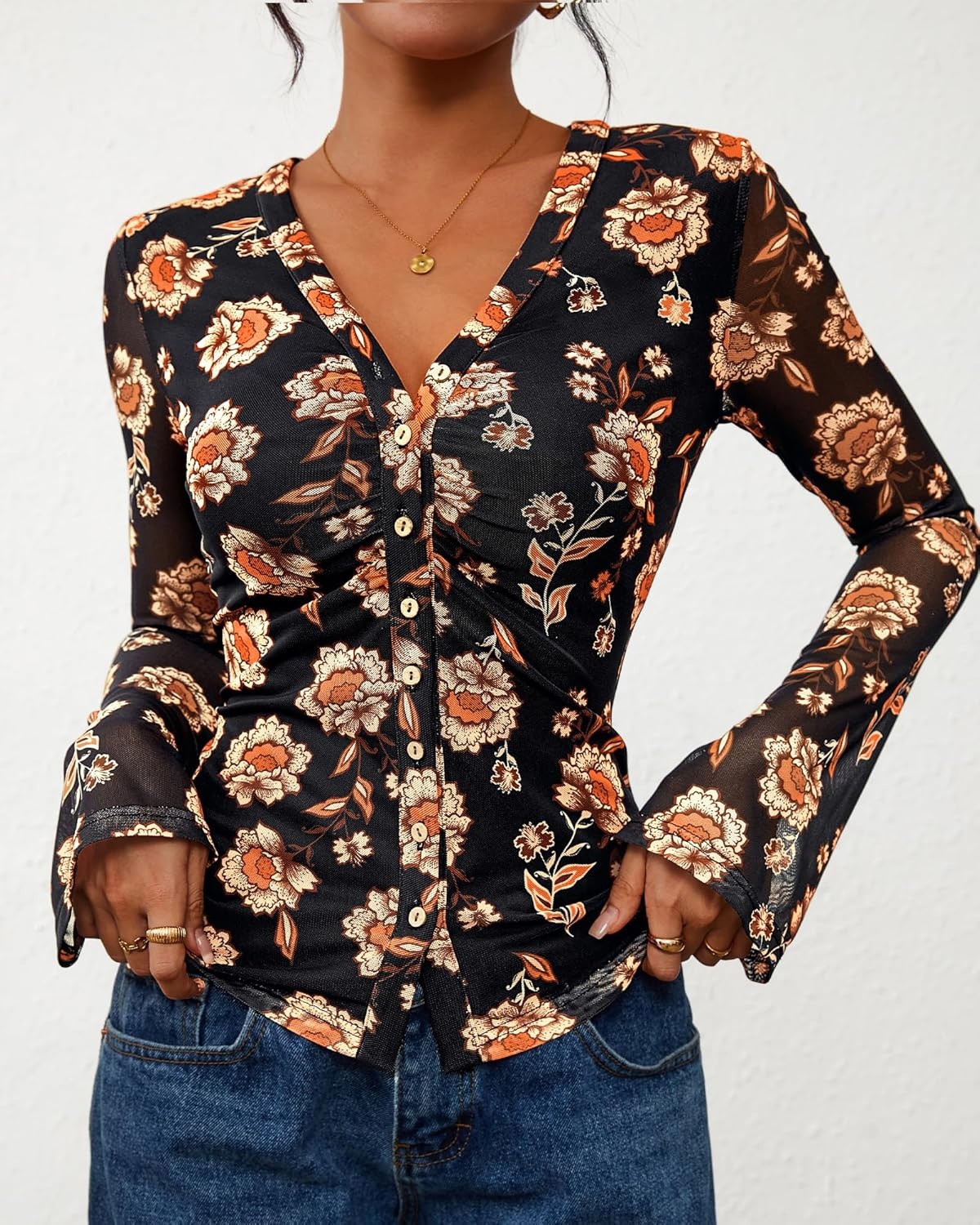 image:imageBTFBM Button Down Shirts for Women 2026 Spring Boho Tops V Neck Long Sleeve Blouses Ruched Mesh Fitted Fashion ClothingBlack