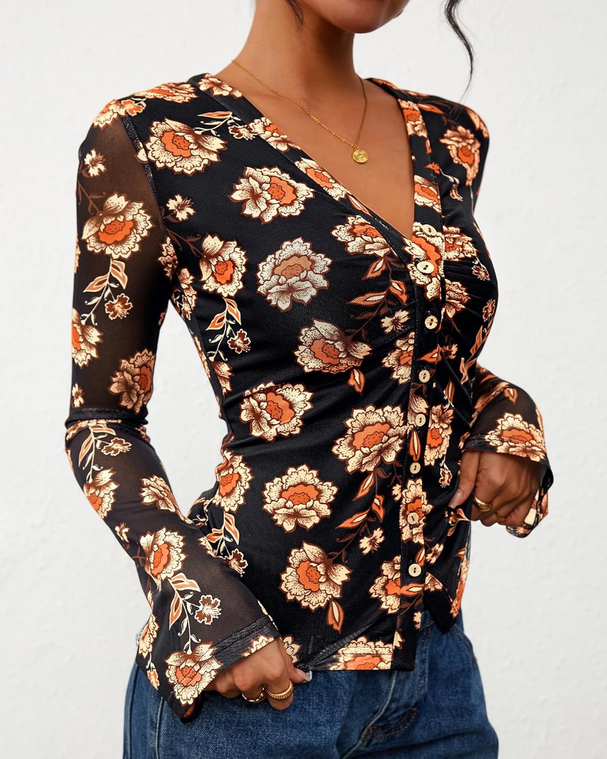 image:imageBTFBM Button Down Shirts for Women 2026 Spring Boho Tops V Neck Long Sleeve Blouses Ruched Mesh Fitted Fashion ClothingBlack