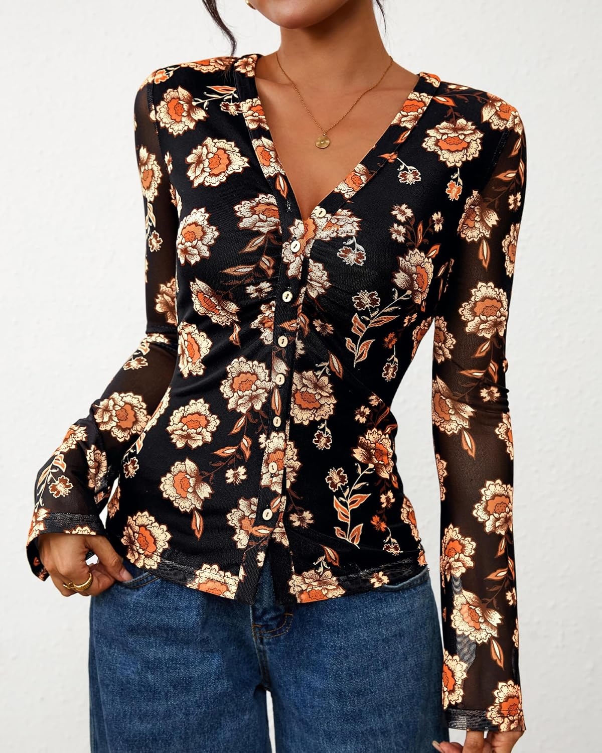 image:imageBTFBM Button Down Shirts for Women 2026 Spring Boho Tops V Neck Long Sleeve Blouses Ruched Mesh Fitted Fashion ClothingBlack