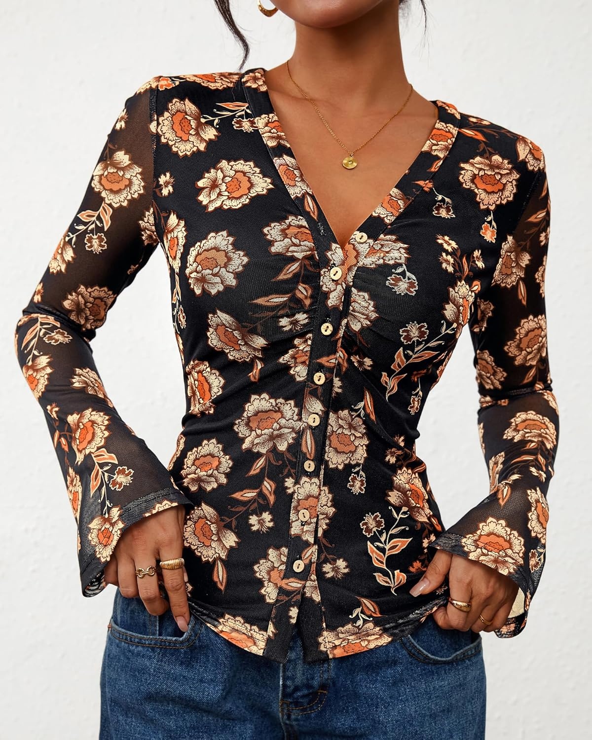 image:imageBTFBM Button Down Shirts for Women 2026 Spring Boho Tops V Neck Long Sleeve Blouses Ruched Mesh Fitted Fashion ClothingBlack