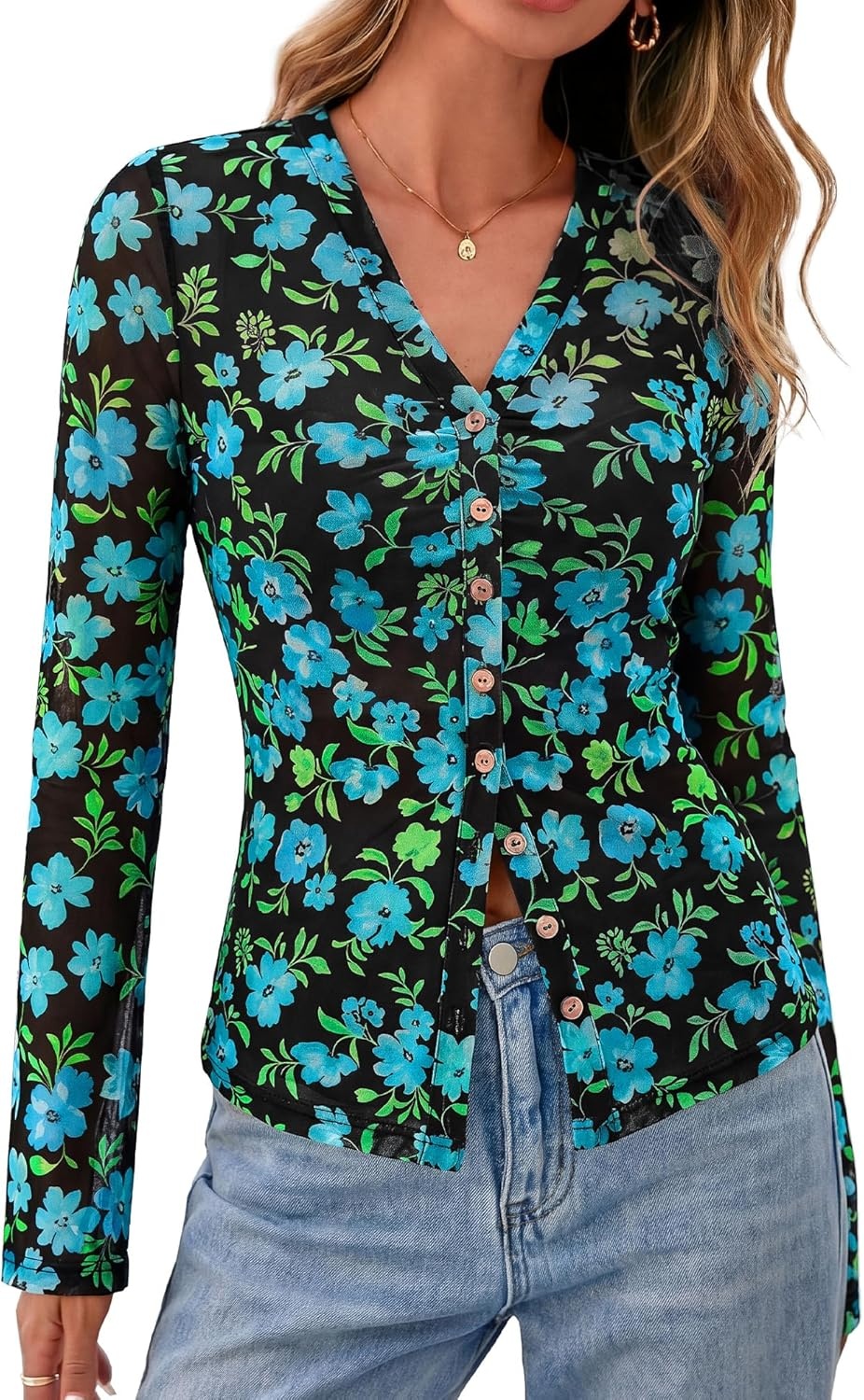 image:imageBTFBM Button Down Shirts for Women 2026 Spring Boho Tops V Neck Long Sleeve Blouses Ruched Mesh Fitted Fashion ClothingBlack Blue Flower