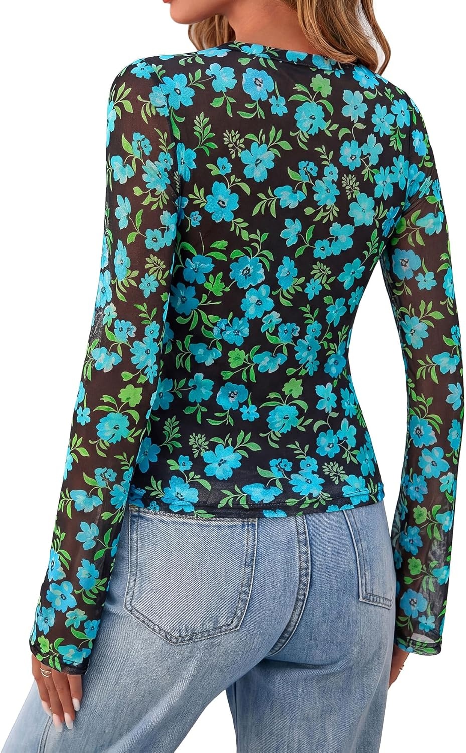 image:imageBTFBM Button Down Shirts for Women 2026 Spring Boho Tops V Neck Long Sleeve Blouses Ruched Mesh Fitted Fashion ClothingBlack Blue Flower