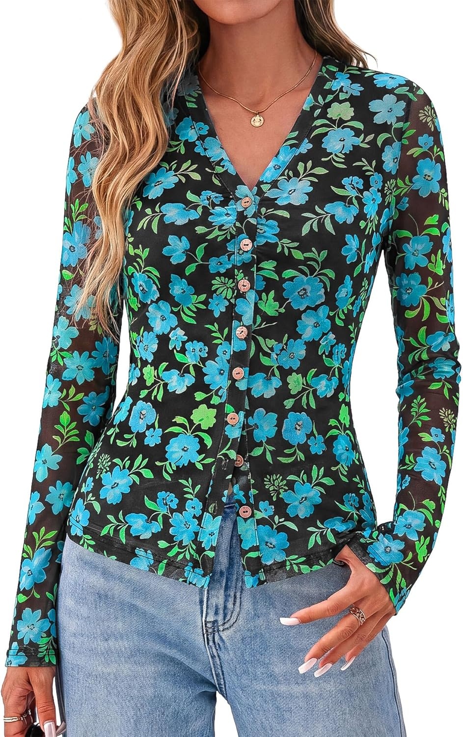image:imageBTFBM Button Down Shirts for Women 2026 Spring Boho Tops V Neck Long Sleeve Blouses Ruched Mesh Fitted Fashion ClothingBlack Blue Flower