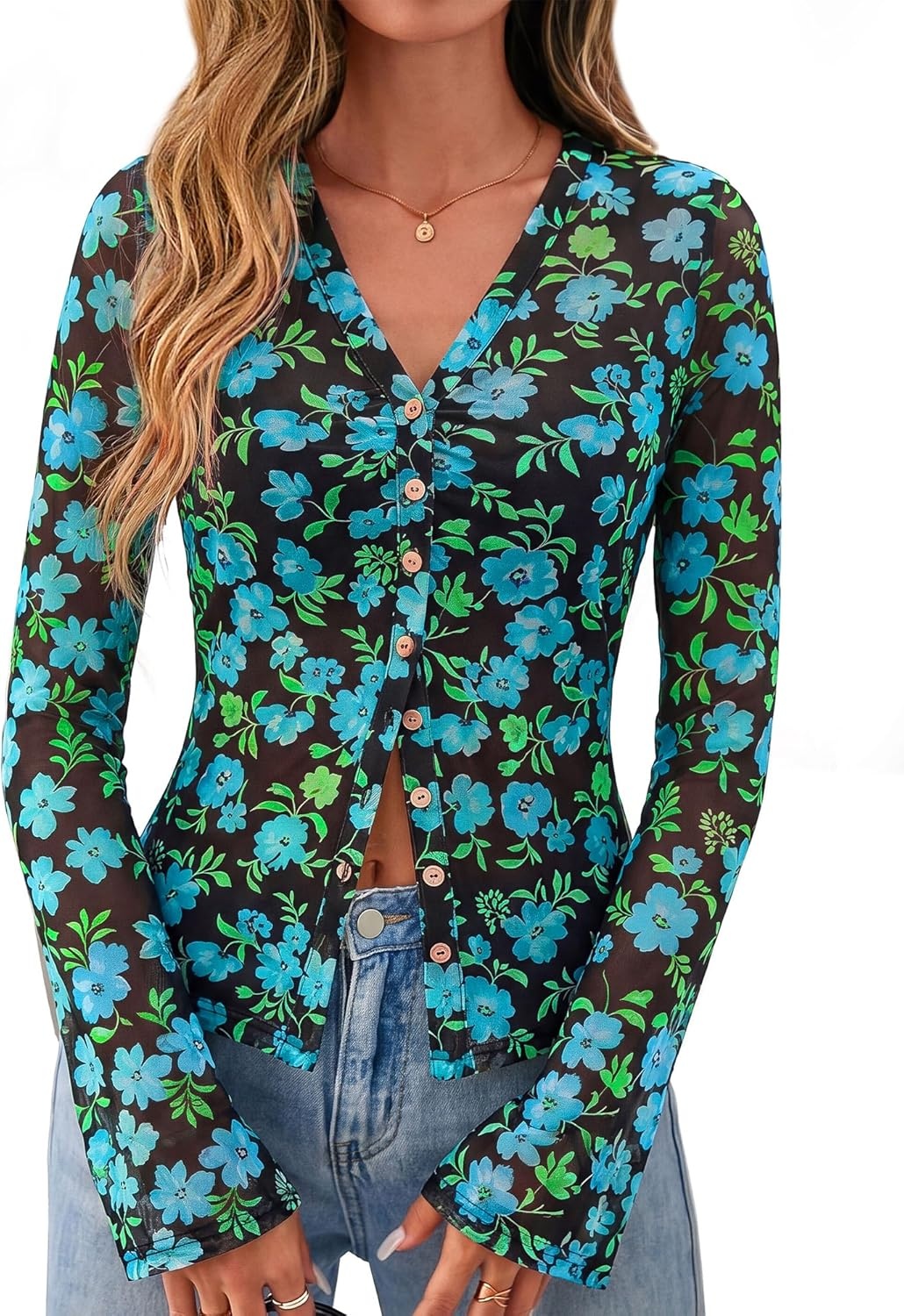image:imageBTFBM Button Down Shirts for Women 2026 Spring Boho Tops V Neck Long Sleeve Blouses Ruched Mesh Fitted Fashion ClothingBlack Blue Flower