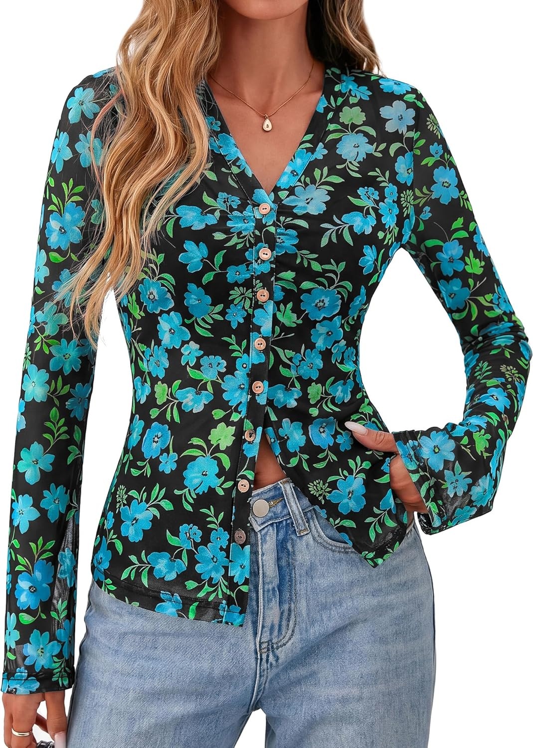 image:imageBTFBM Button Down Shirts for Women 2026 Spring Boho Tops V Neck Long Sleeve Blouses Ruched Mesh Fitted Fashion ClothingBlack Blue Flower