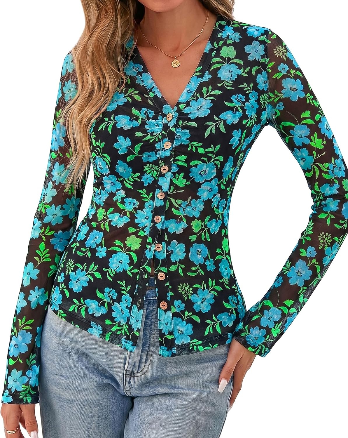 image:imageBTFBM Button Down Shirts for Women 2026 Spring Boho Tops V Neck Long Sleeve Blouses Ruched Mesh Fitted Fashion ClothingBlack Blue Flower