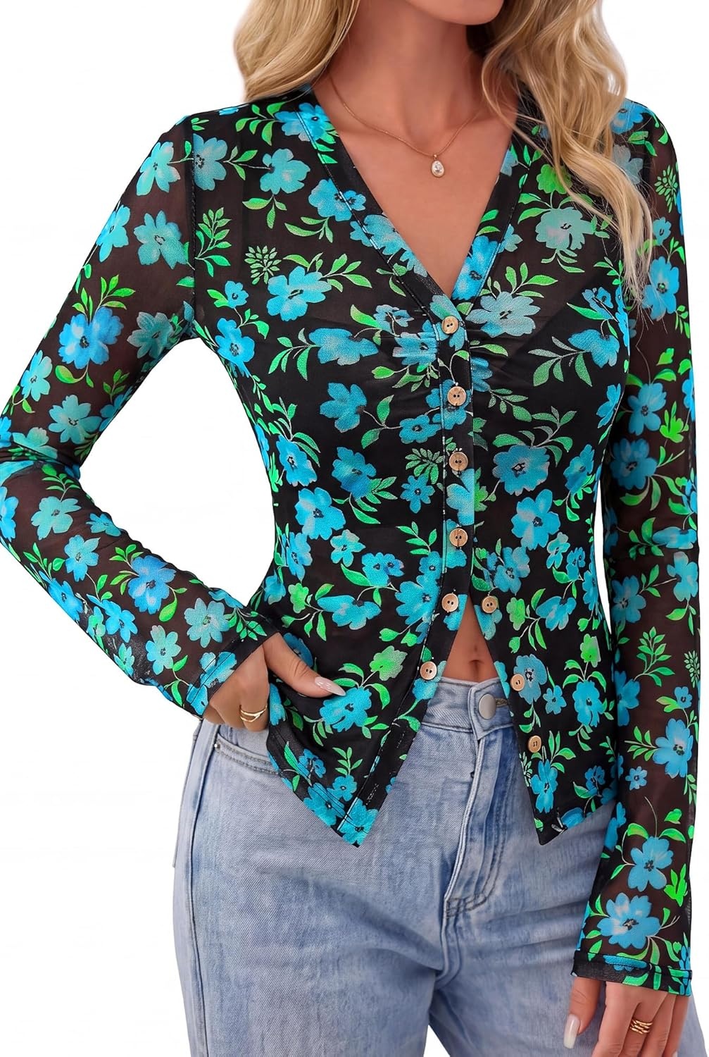 image:imageBTFBM Button Down Shirts for Women 2026 Spring Boho Tops V Neck Long Sleeve Blouses Ruched Mesh Fitted Fashion ClothingBlack Blue Flower