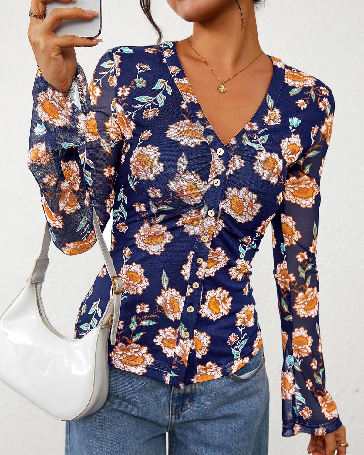 image:imageBTFBM Button Down Shirts for Women 2026 Spring Boho Tops V Neck Long Sleeve Blouses Ruched Mesh Fitted Fashion ClothingBlue