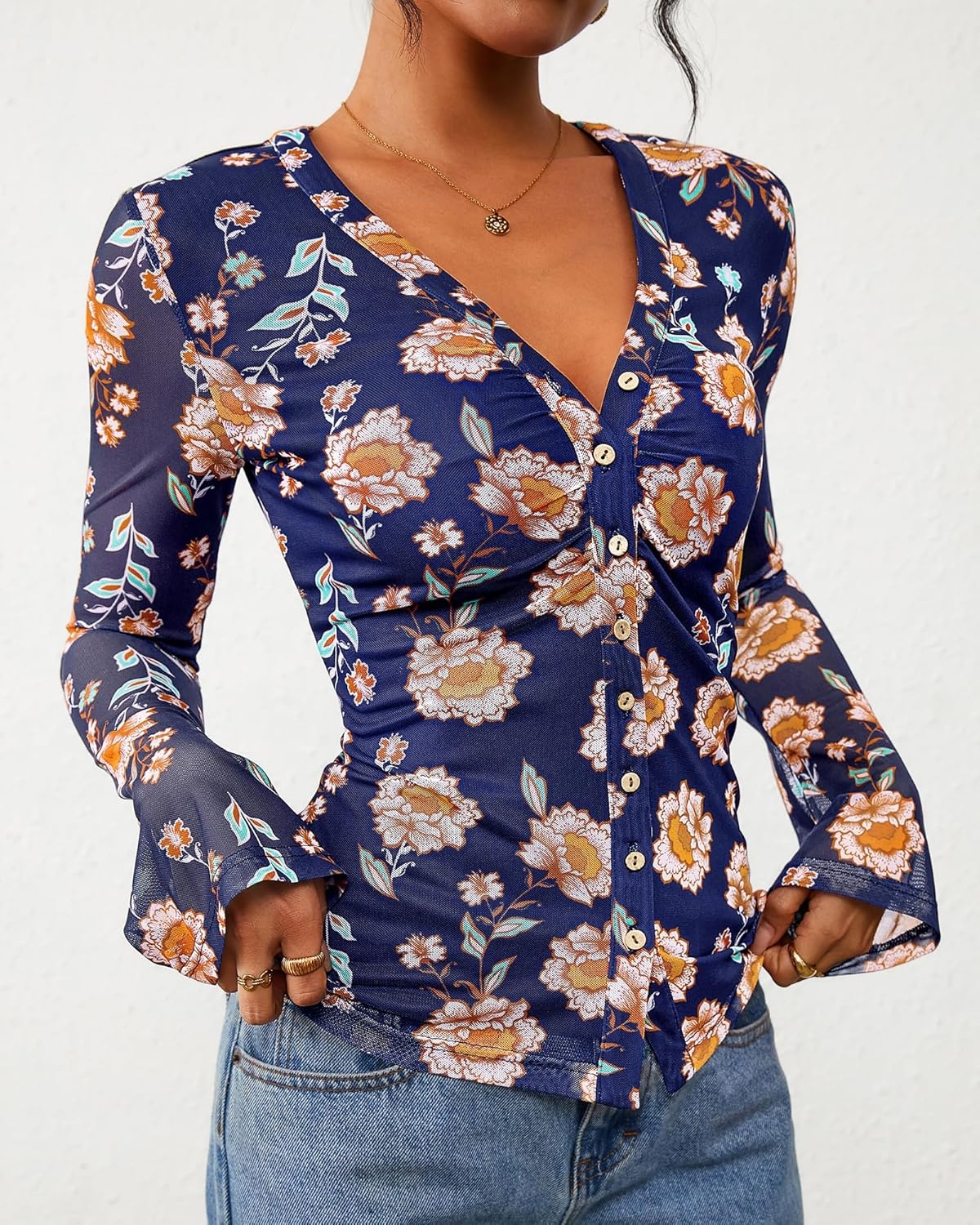 image:imageBTFBM Button Down Shirts for Women 2026 Spring Boho Tops V Neck Long Sleeve Blouses Ruched Mesh Fitted Fashion ClothingBlue