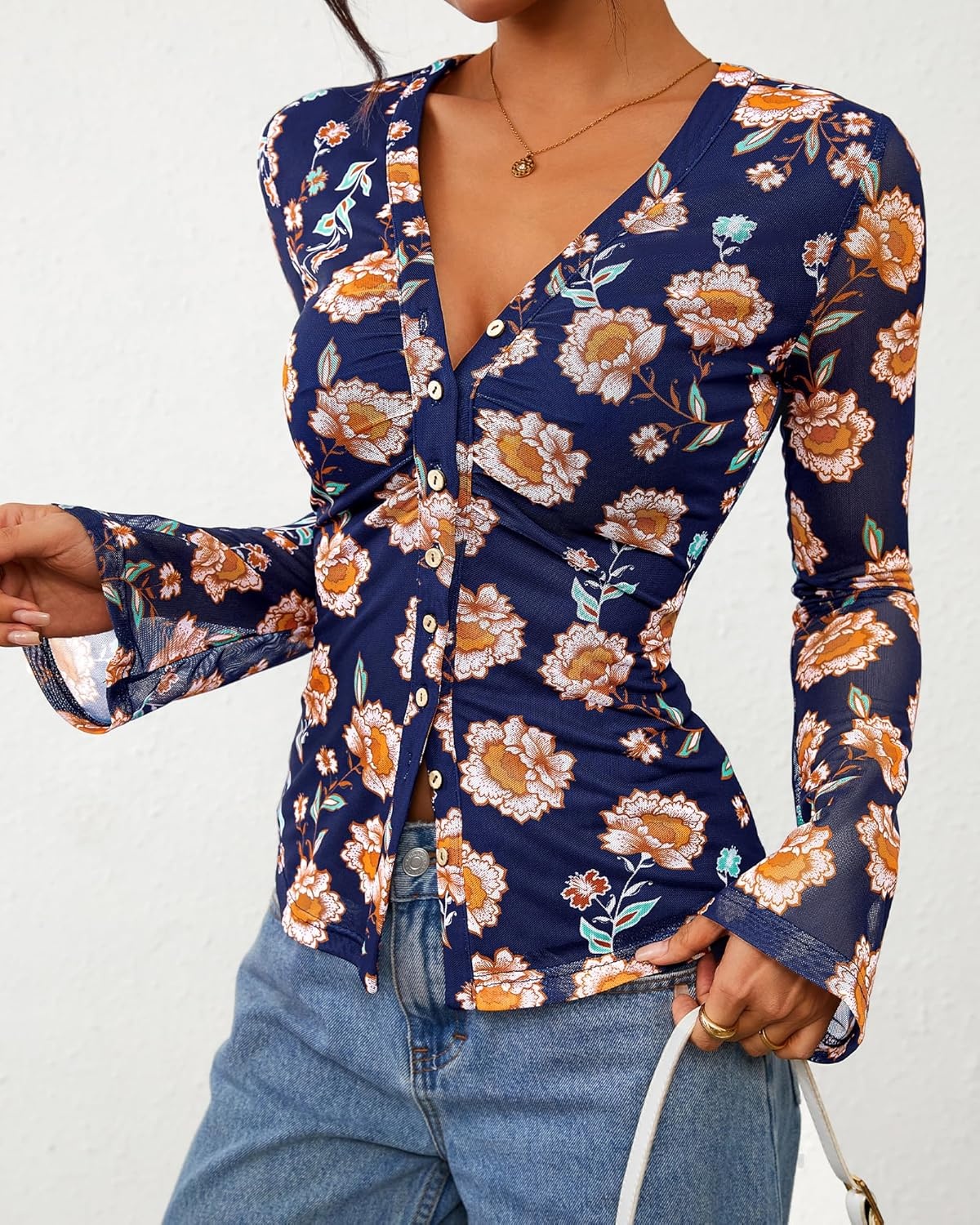 image:imageBTFBM Button Down Shirts for Women 2026 Spring Boho Tops V Neck Long Sleeve Blouses Ruched Mesh Fitted Fashion ClothingBlue