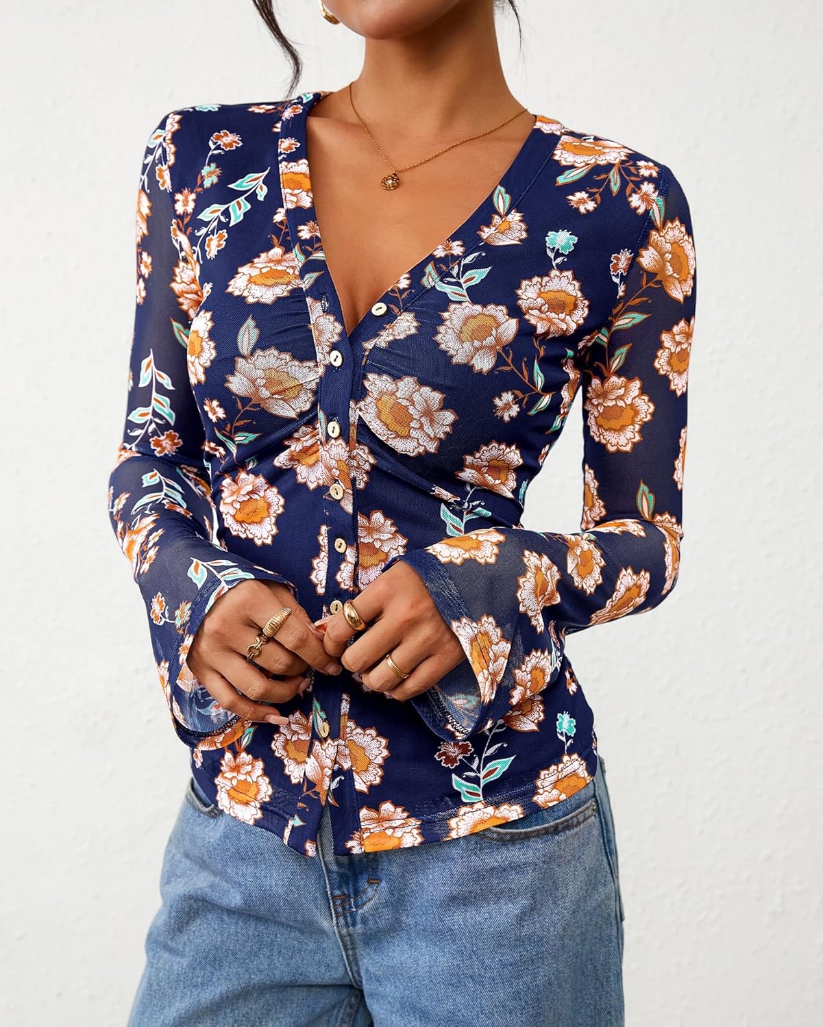 image:imageBTFBM Button Down Shirts for Women 2026 Spring Boho Tops V Neck Long Sleeve Blouses Ruched Mesh Fitted Fashion ClothingBlue