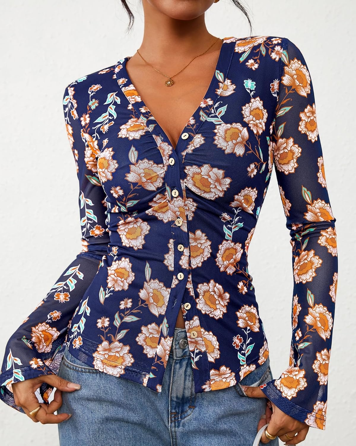 image:imageBTFBM Button Down Shirts for Women 2026 Spring Boho Tops V Neck Long Sleeve Blouses Ruched Mesh Fitted Fashion ClothingBlue