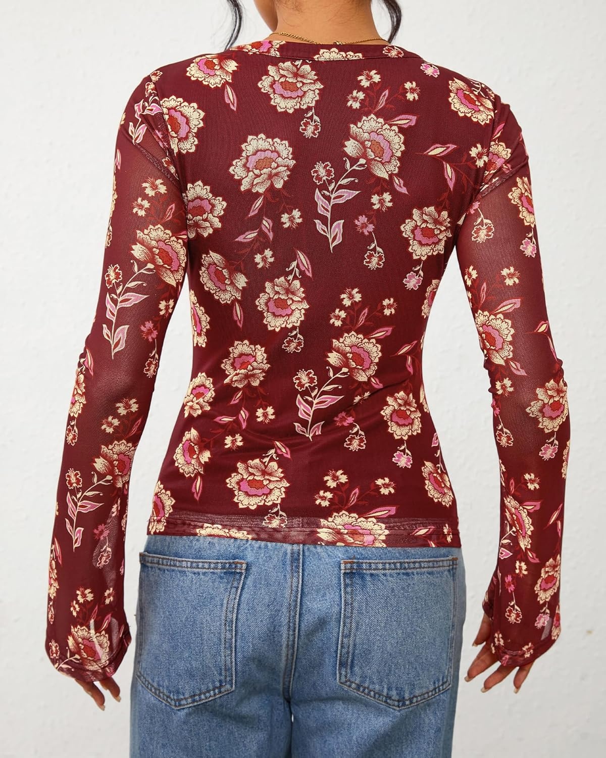 image:imageBTFBM Button Down Shirts for Women 2026 Spring Boho Tops V Neck Long Sleeve Blouses Ruched Mesh Fitted Fashion ClothingBrown