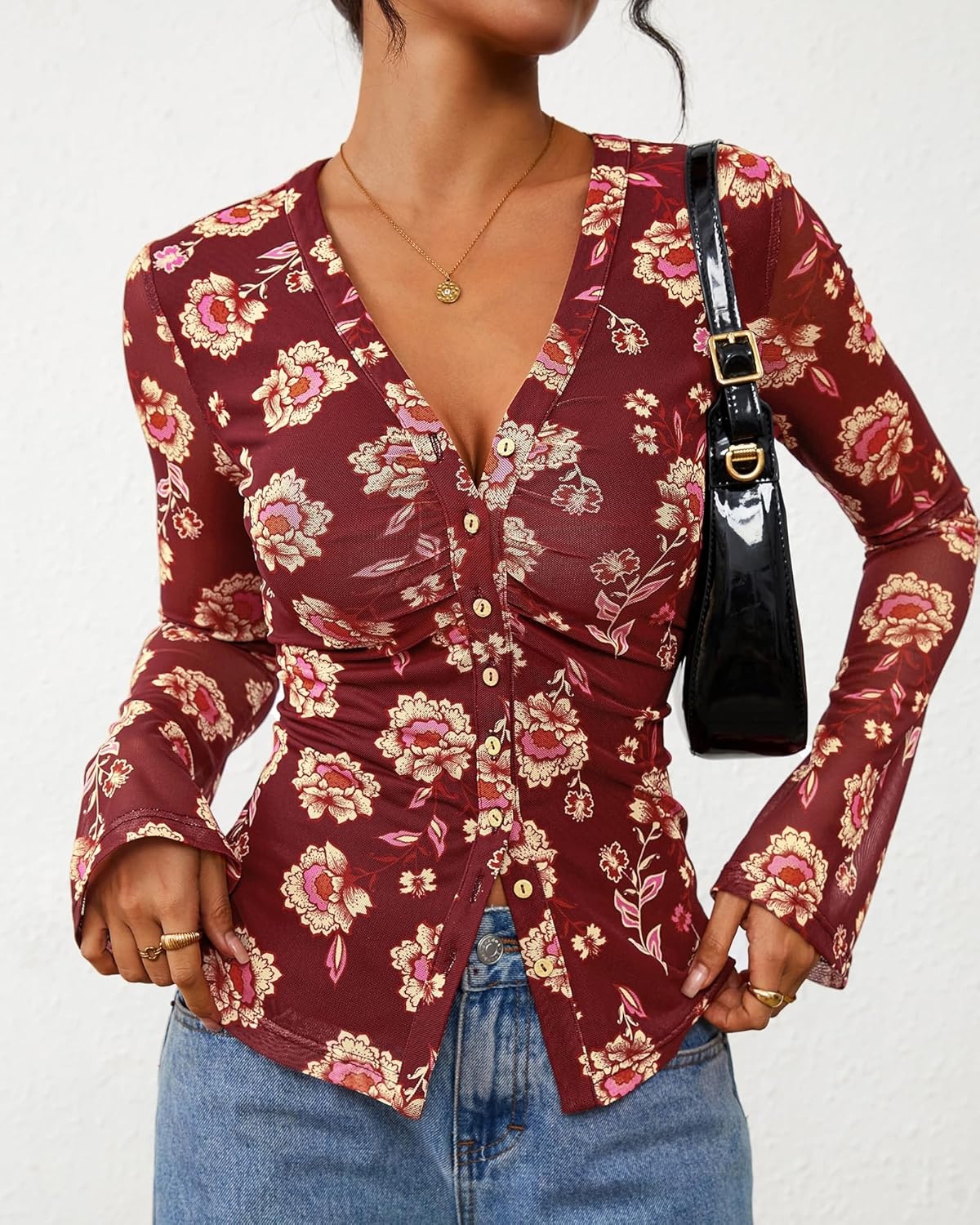 image:imageBTFBM Button Down Shirts for Women 2026 Spring Boho Tops V Neck Long Sleeve Blouses Ruched Mesh Fitted Fashion ClothingBrown