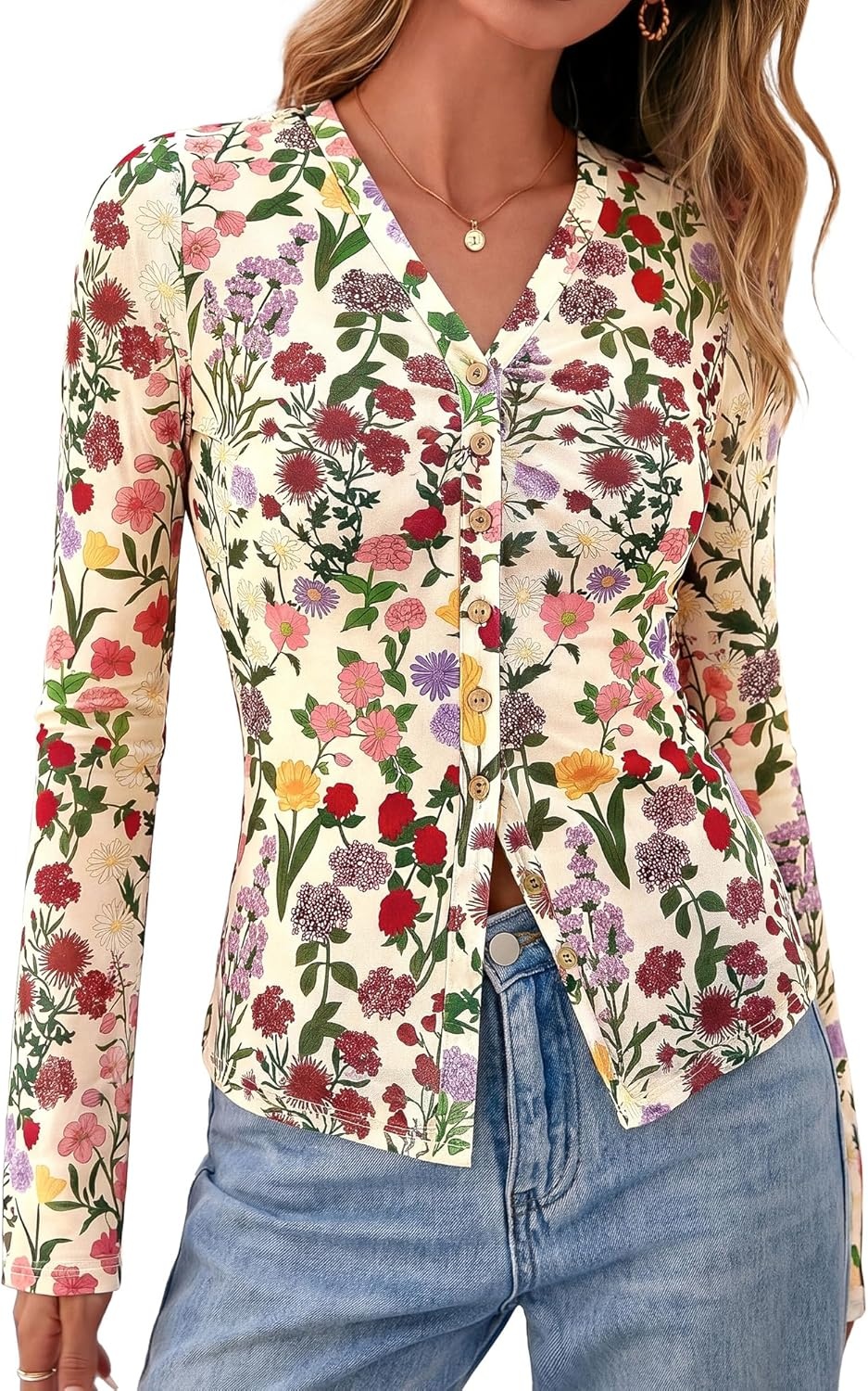 image:imageBTFBM Button Down Shirts for Women 2026 Spring Boho Tops V Neck Long Sleeve Blouses Ruched Mesh Fitted Fashion ClothingFloral Apricot Multi