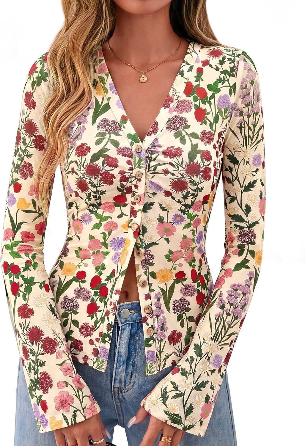 image:imageBTFBM Button Down Shirts for Women 2026 Spring Boho Tops V Neck Long Sleeve Blouses Ruched Mesh Fitted Fashion ClothingFloral Apricot Multi