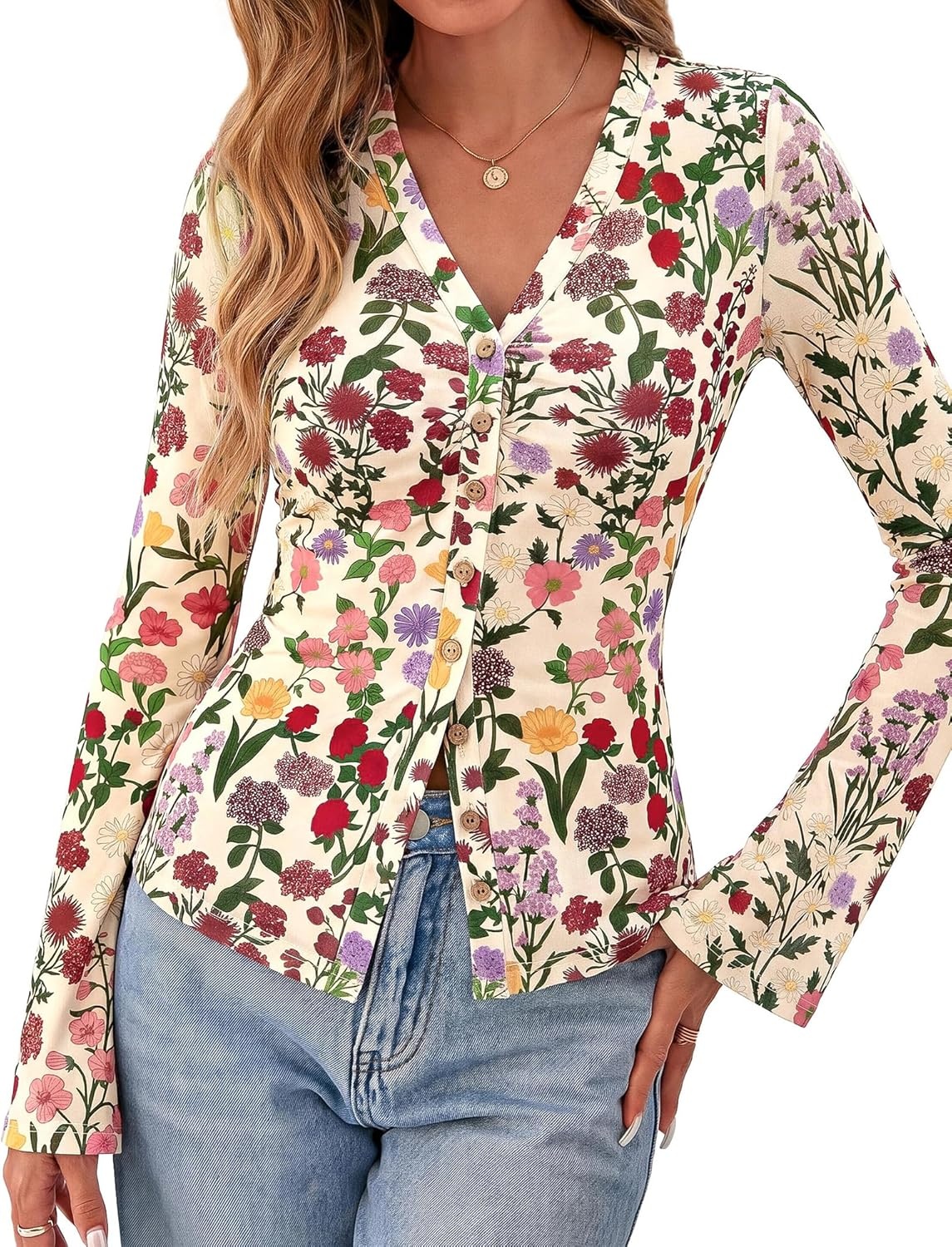 image:imageBTFBM Button Down Shirts for Women 2026 Spring Boho Tops V Neck Long Sleeve Blouses Ruched Mesh Fitted Fashion ClothingFloral Apricot Multi