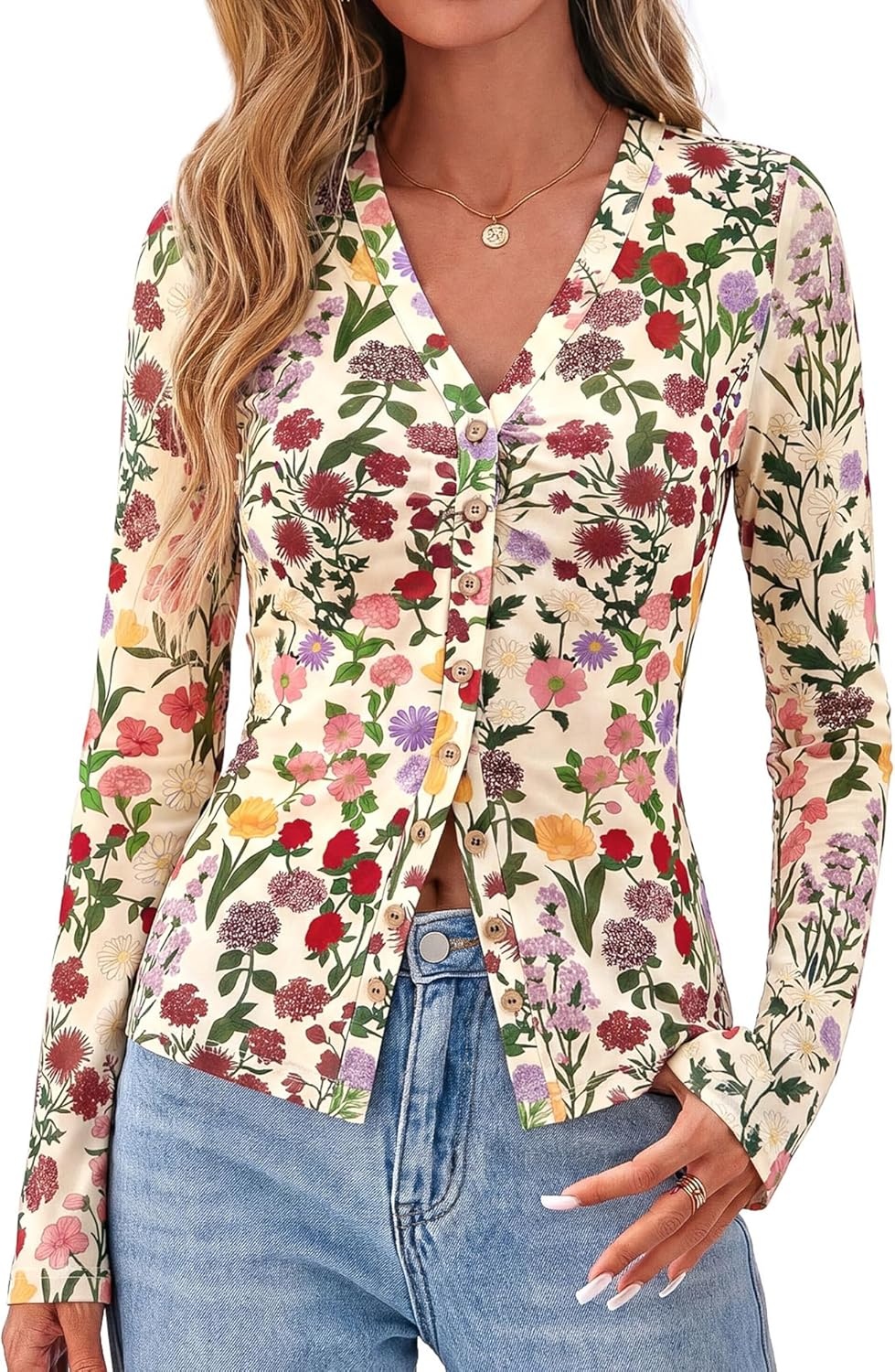 image:imageBTFBM Button Down Shirts for Women 2026 Spring Boho Tops V Neck Long Sleeve Blouses Ruched Mesh Fitted Fashion ClothingFloral Apricot Multi