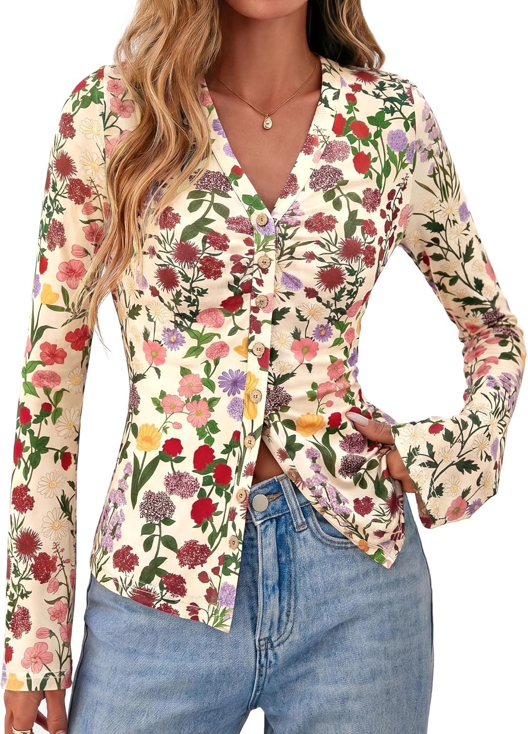 image:imageBTFBM Button Down Shirts for Women 2026 Spring Boho Tops V Neck Long Sleeve Blouses Ruched Mesh Fitted Fashion ClothingFloral Apricot Multi