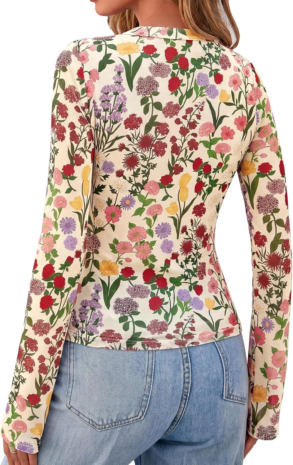image:imageBTFBM Button Down Shirts for Women 2026 Spring Boho Tops V Neck Long Sleeve Blouses Ruched Mesh Fitted Fashion ClothingFloral Apricot Multi