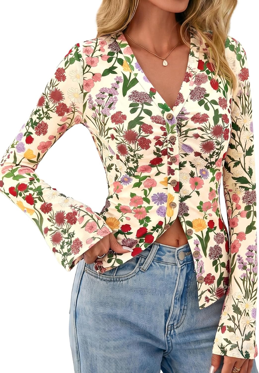 image:imageBTFBM Button Down Shirts for Women 2026 Spring Boho Tops V Neck Long Sleeve Blouses Ruched Mesh Fitted Fashion ClothingFloral Apricot Multi