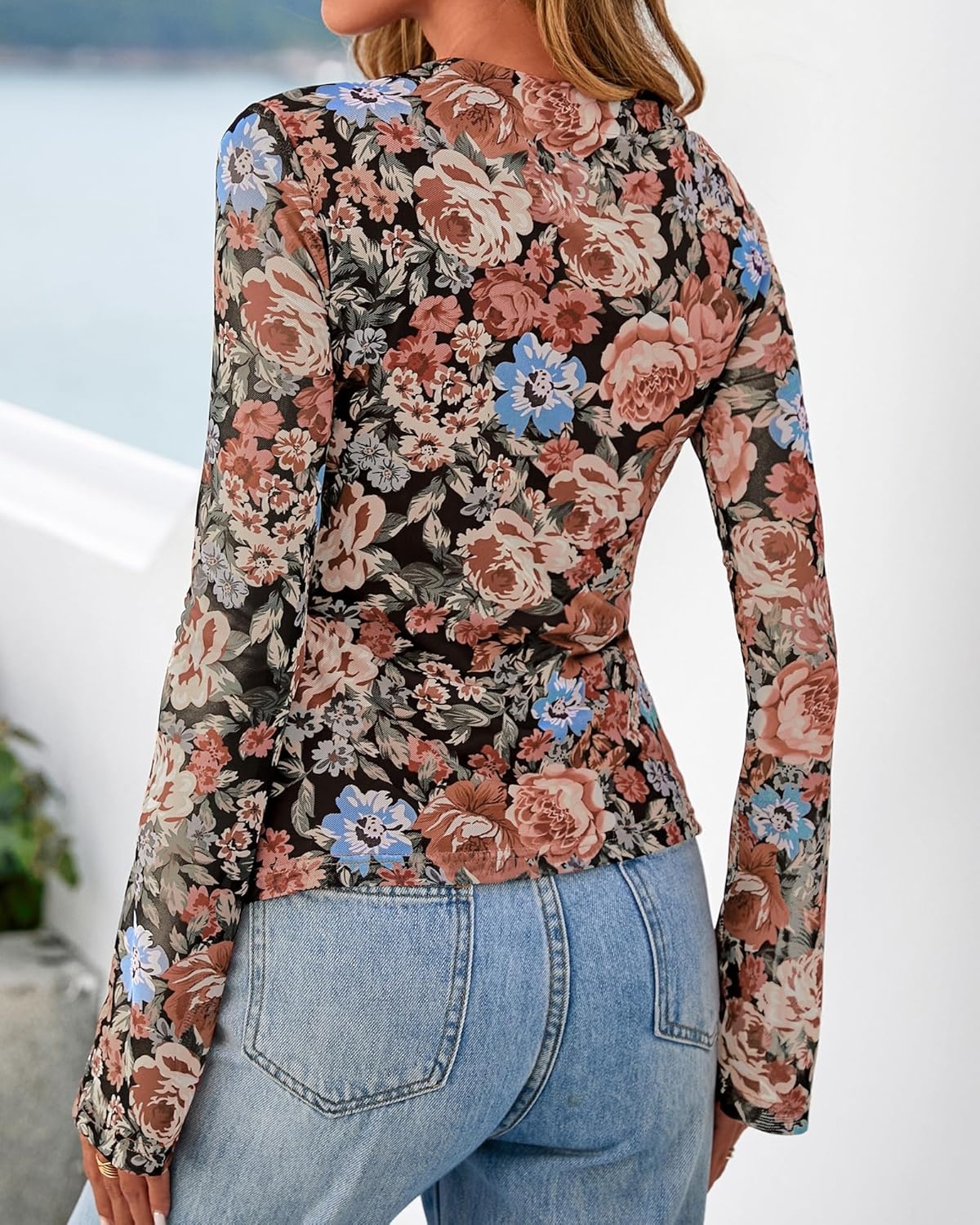 image:imageBTFBM Button Down Shirts for Women 2026 Spring Boho Tops V Neck Long Sleeve Blouses Ruched Mesh Fitted Fashion ClothingFloral Black Orange