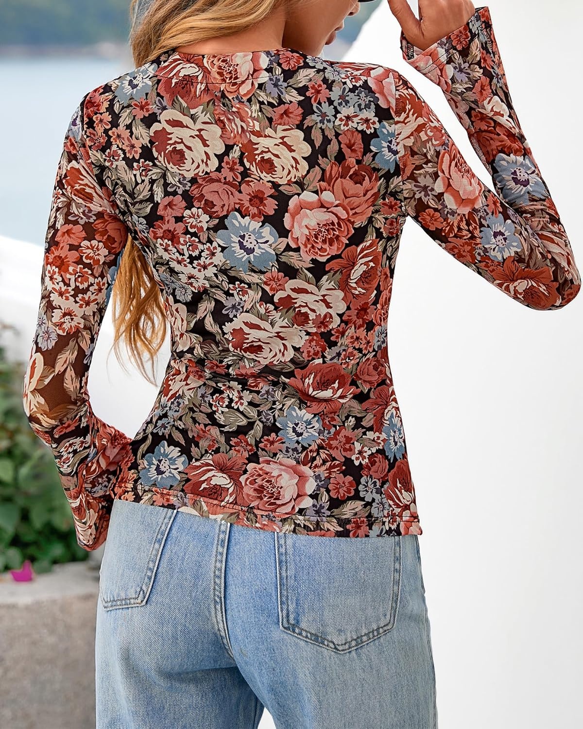 image:imageBTFBM Button Down Shirts for Women 2026 Spring Boho Tops V Neck Long Sleeve Blouses Ruched Mesh Fitted Fashion ClothingFloral Black Red